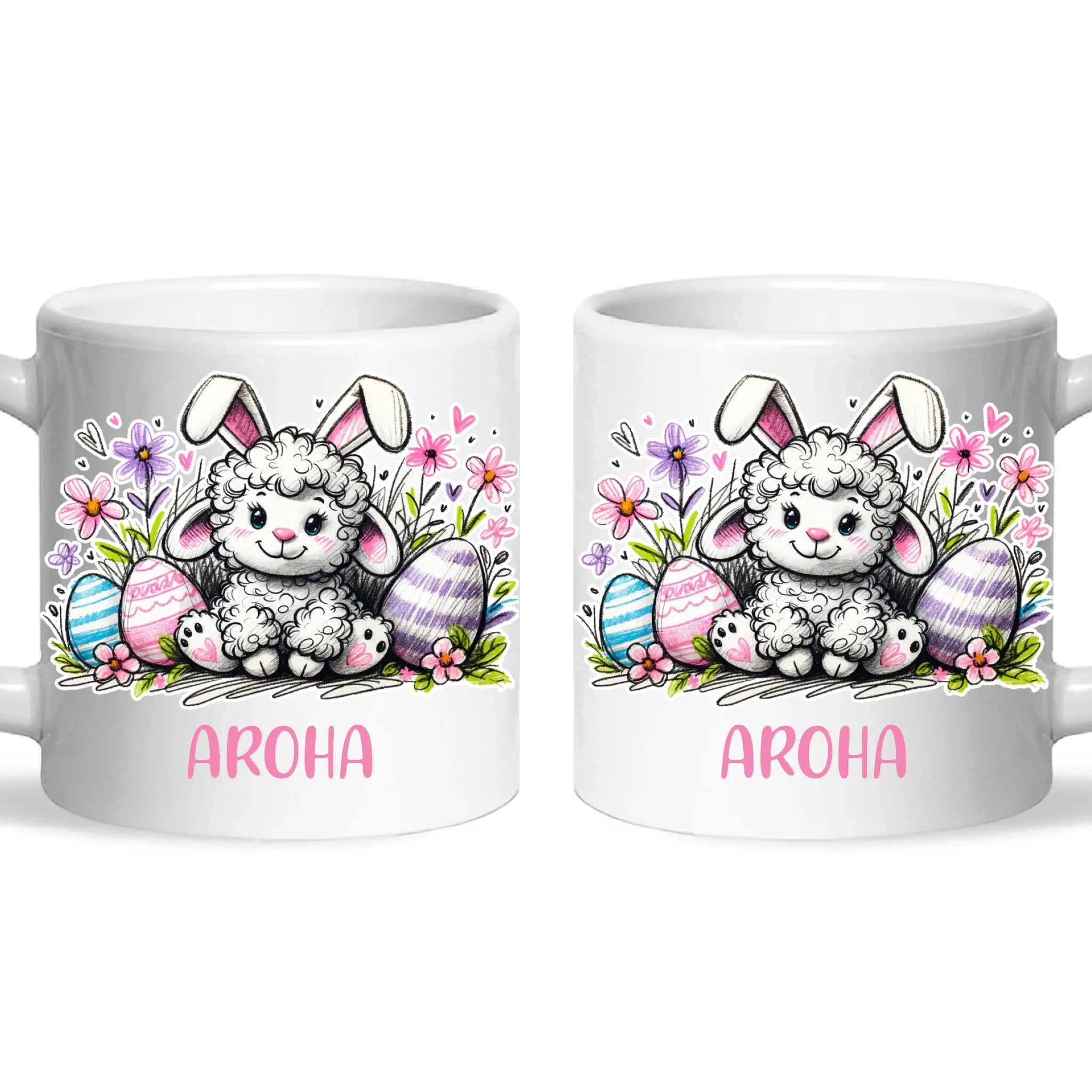 Personalised Easter Mug – Cute Lamb with Bunny Ears & Eggs – Custom Name Kids Cup – Ceramic or Enamel – NZ Made Gift