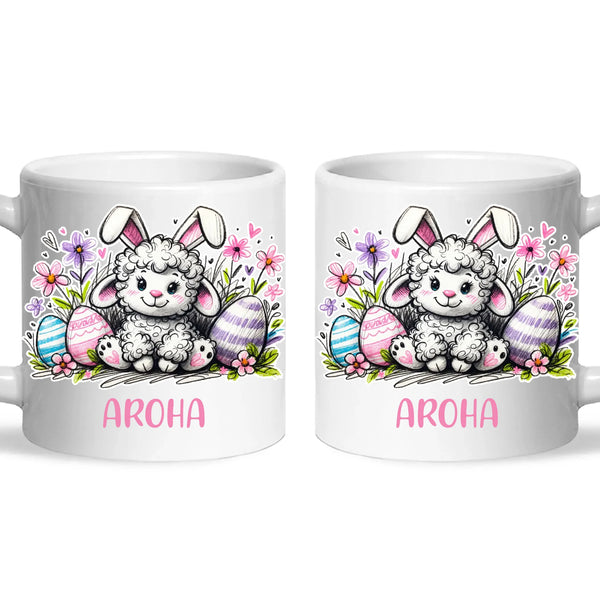 Personalised Easter Mug – Cute Lamb with Bunny Ears & Eggs – Custom Name Kids Cup – Ceramic or Enamel – NZ Made Gift