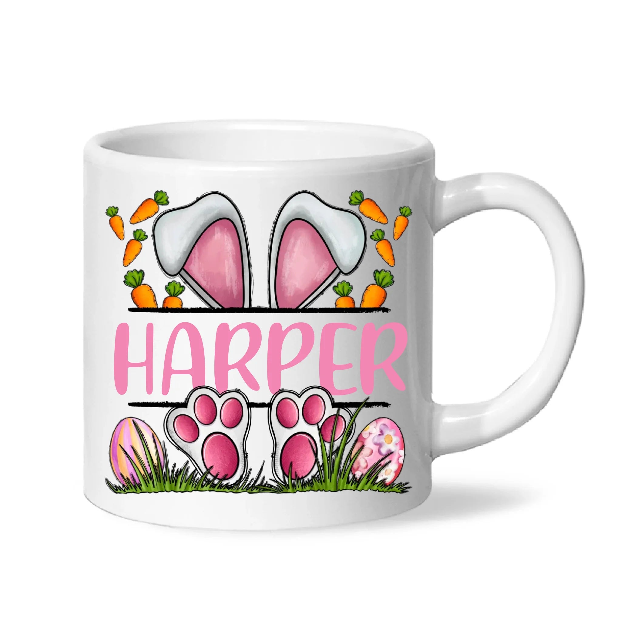 Personalised Easter Bunny Mug – Custom Name Kids Cup with Cute Pink Bunny Design, Carrots & Eggs – Enamel or Ceramic – NZ Made