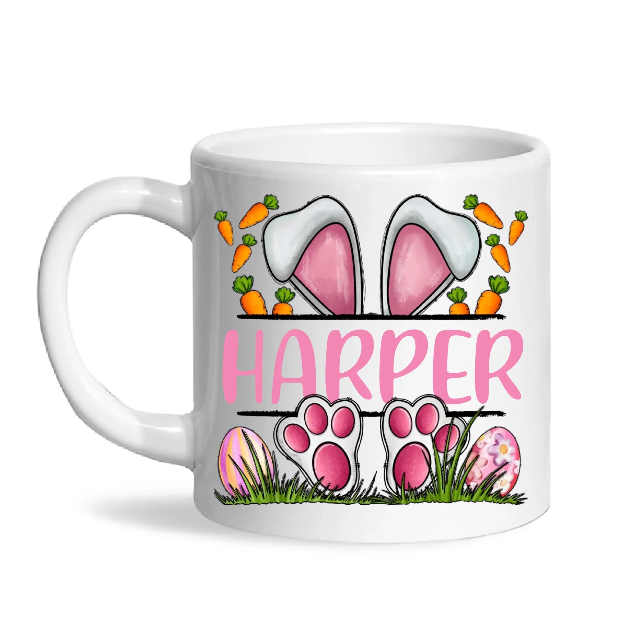 Personalised Easter Bunny Mug – Custom Name Kids Cup with Cute Pink Bunny Design, Carrots & Eggs – Enamel or Ceramic – NZ Made