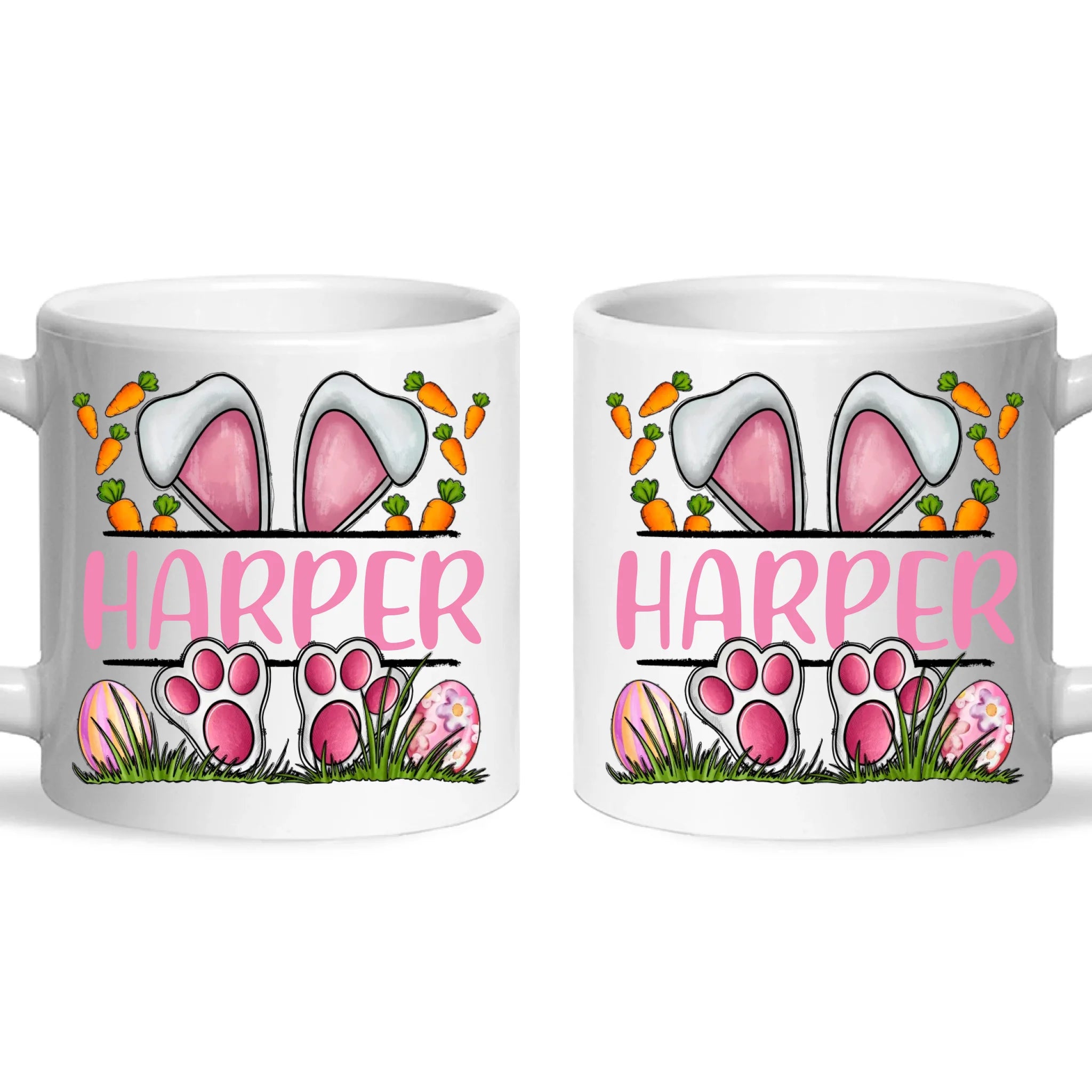 Personalised Easter Bunny Mug – Custom Name Kids Cup with Cute Pink Bunny Design, Carrots & Eggs – Enamel or Ceramic – NZ Made