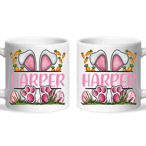 Personalised Easter Bunny Mug – Custom Name Kids Cup with Cute Pink Bunny Design, Carrots & Eggs – Enamel or Ceramic – NZ Made