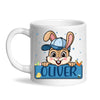 Personalised Bunny Mug for Boys – Custom Name Easter Gift – Cute Bunny with Blue Cap, Eggs & Carrots – Enamel or Ceramic Cup – NZ Made