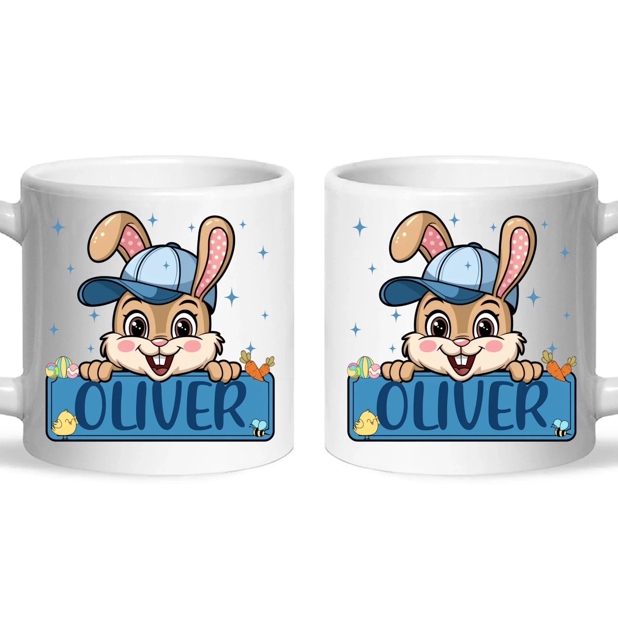 Personalised Bunny Mug for Boys – Custom Name Easter Gift – Cute Bunny with Blue Cap, Eggs & Carrots – Enamel or Ceramic Cup – NZ Made