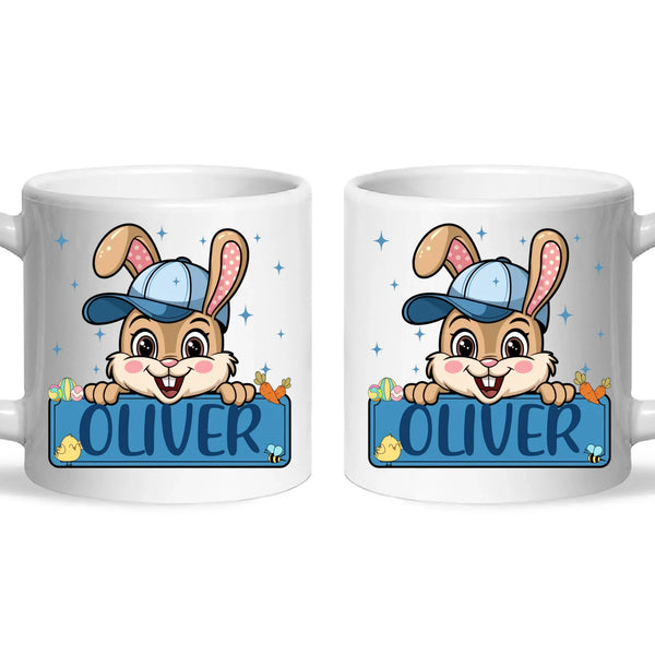Personalised Bunny Mug for Boys – Custom Name Easter Gift – Cute Bunny with Blue Cap, Eggs & Carrots – Enamel or Ceramic Cup – NZ Made