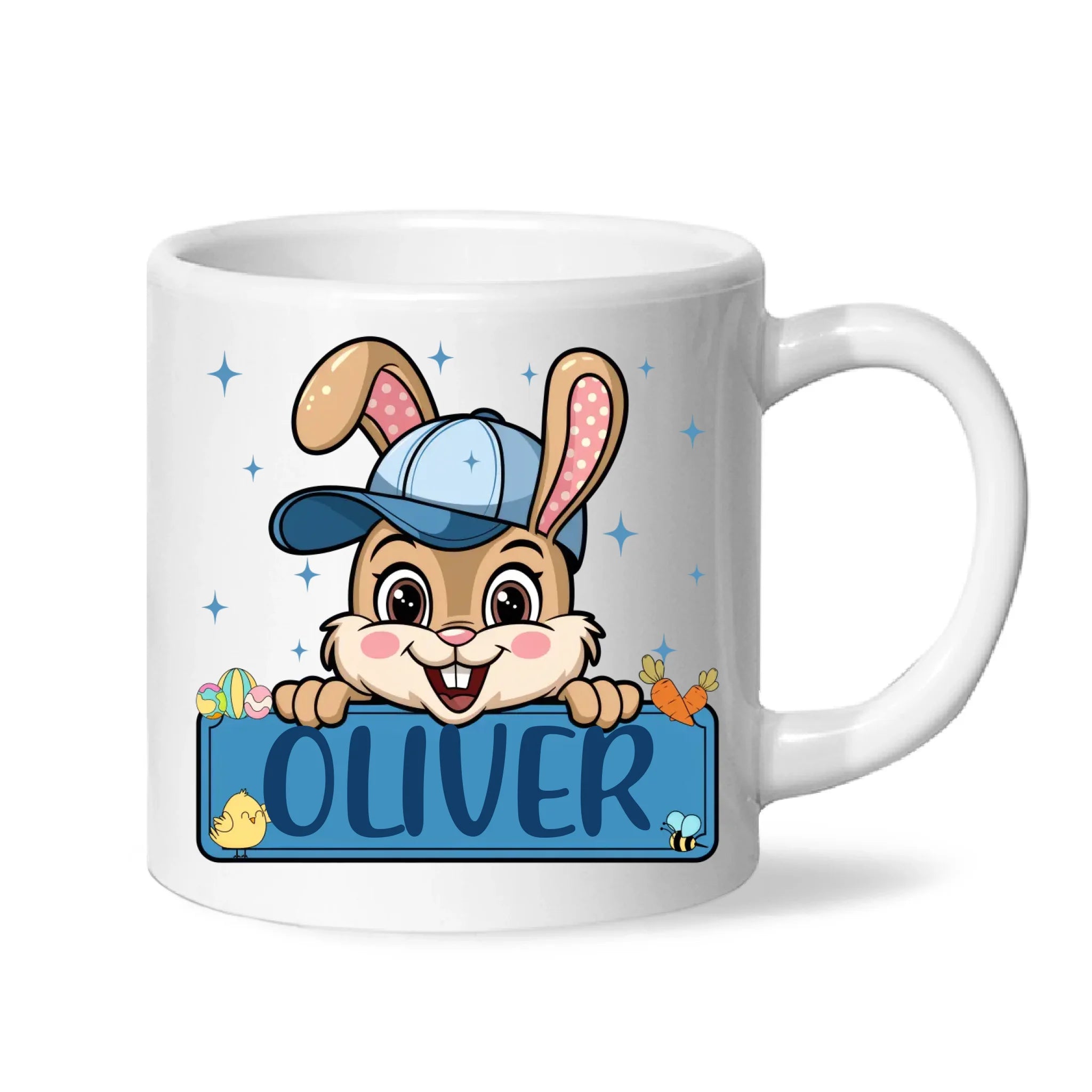 Personalised Bunny Mug for Boys – Custom Name Easter Gift – Cute Bunny with Blue Cap, Eggs & Carrots – Enamel or Ceramic Cup – NZ Made