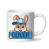 Personalised Bunny Mug for Boys – Custom Name Easter Gift – Cute Bunny with Blue Cap, Eggs & Carrots – Enamel or Ceramic Cup – NZ Made