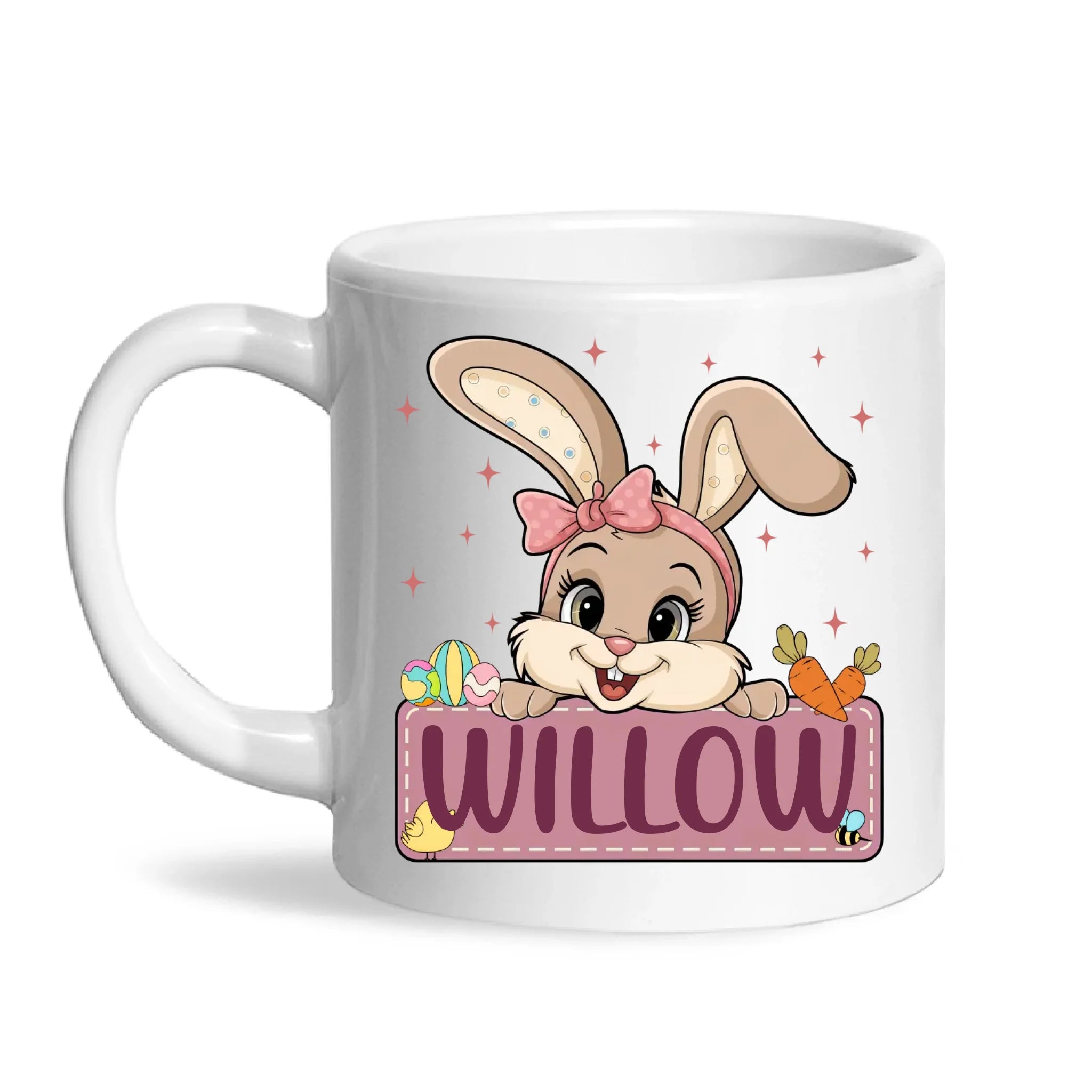 Adorable Personalised Bunny Mug for Kids – Custom Name Easter Gift – Cute Girl Bunny with Carrots & Eggs – Ceramic or Enamel Cup – NZ Made