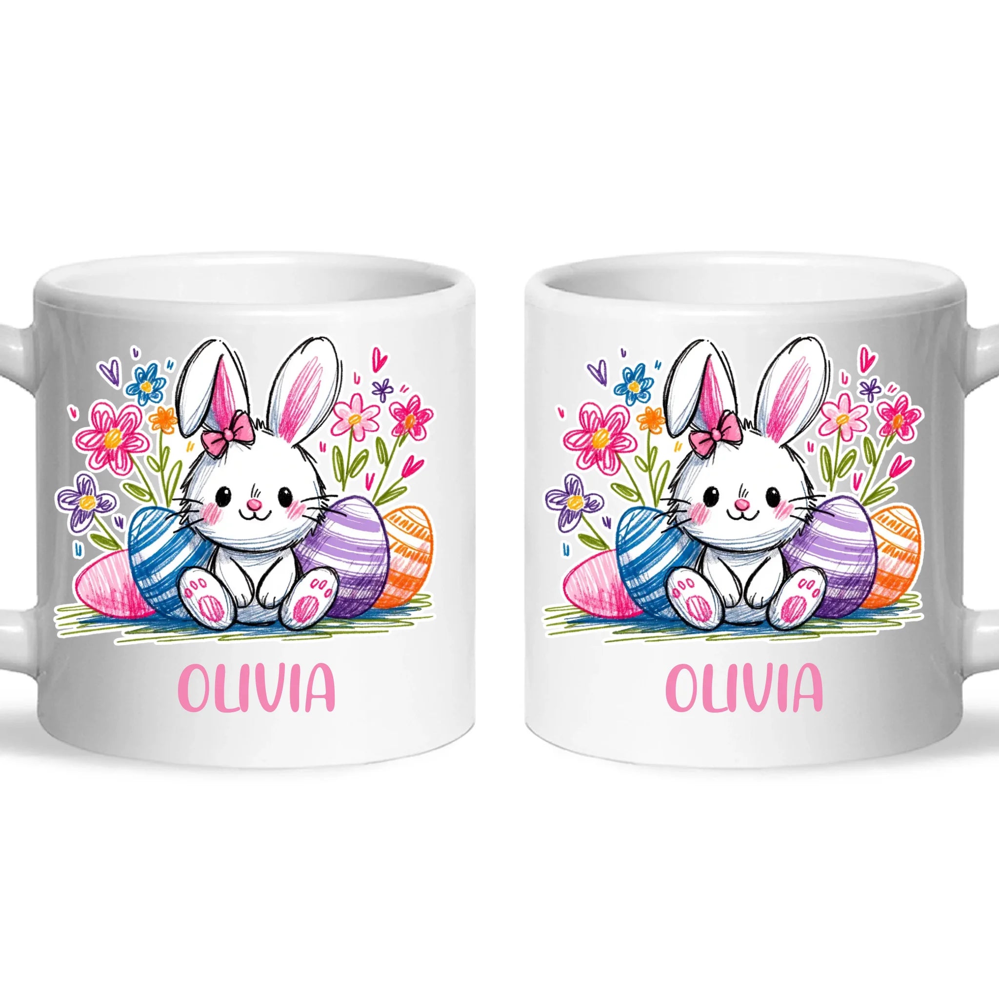 Personalised Easter Bunny Mug – Custom Name Kids Cup with Colourful Eggs & Flowers – Cute Girl Bunny Gift – Ceramic or Enamel – NZ Made