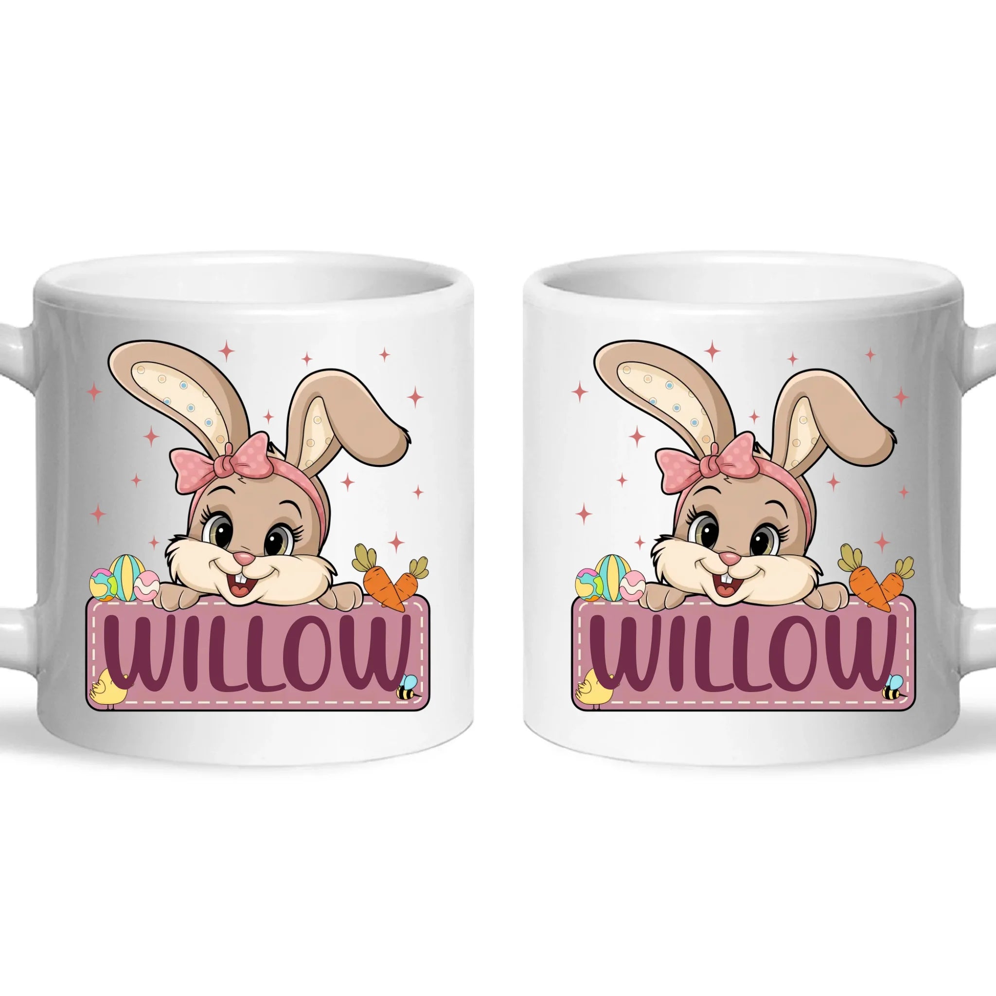 Adorable Personalised Bunny Mug for Kids – Custom Name Easter Gift – Cute Girl Bunny with Carrots & Eggs – Ceramic or Enamel Cup – NZ Made
