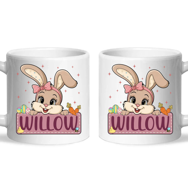 Adorable Personalised Bunny Mug for Kids – Custom Name Easter Gift – Cute Girl Bunny with Carrots & Eggs – Ceramic or Enamel Cup – NZ Made