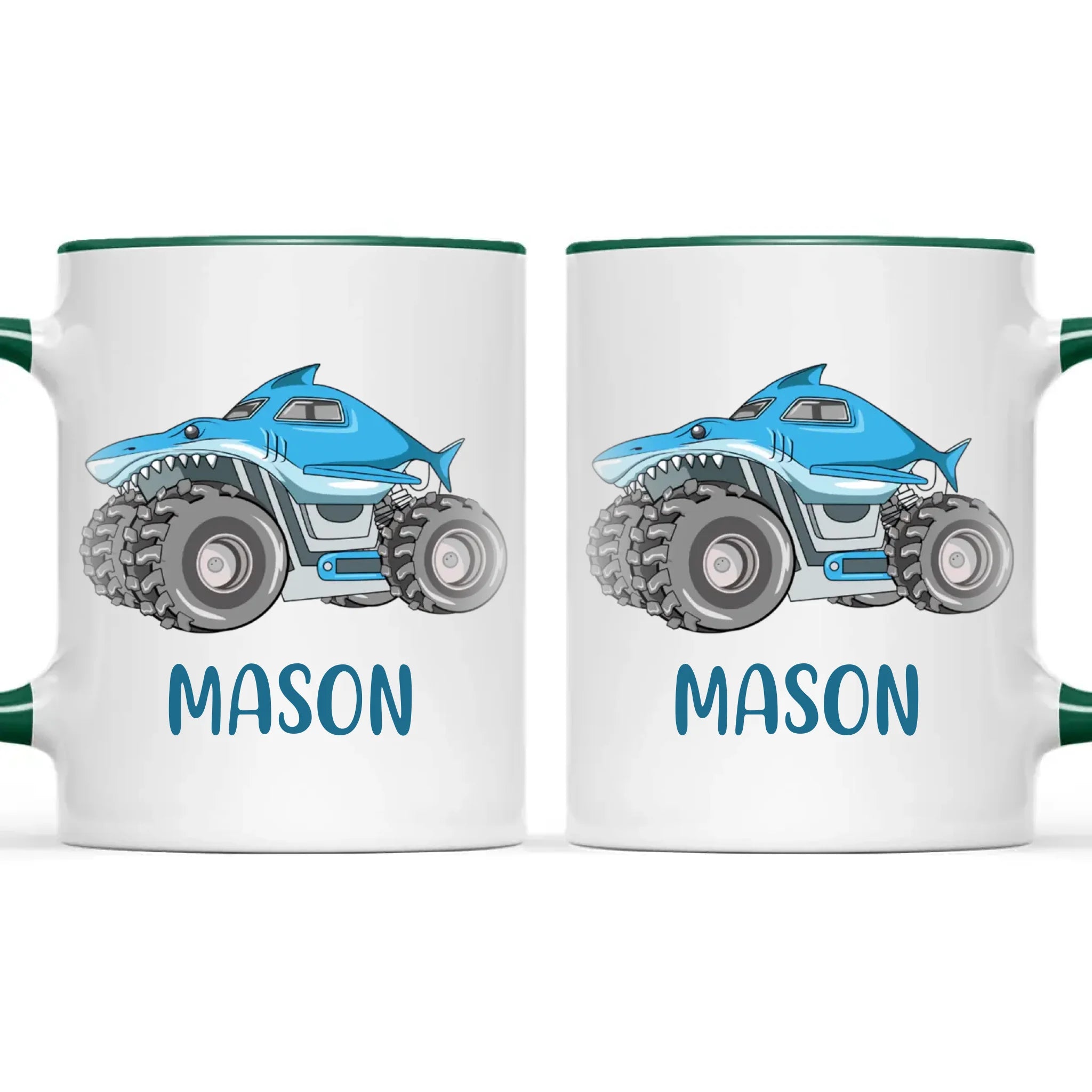 Personalised Shark Monster Truck Kids Mug, dark green handle and rim, front and back