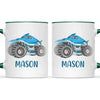 Personalised Shark Monster Truck Kids Mug, dark green handle and rim, front and back