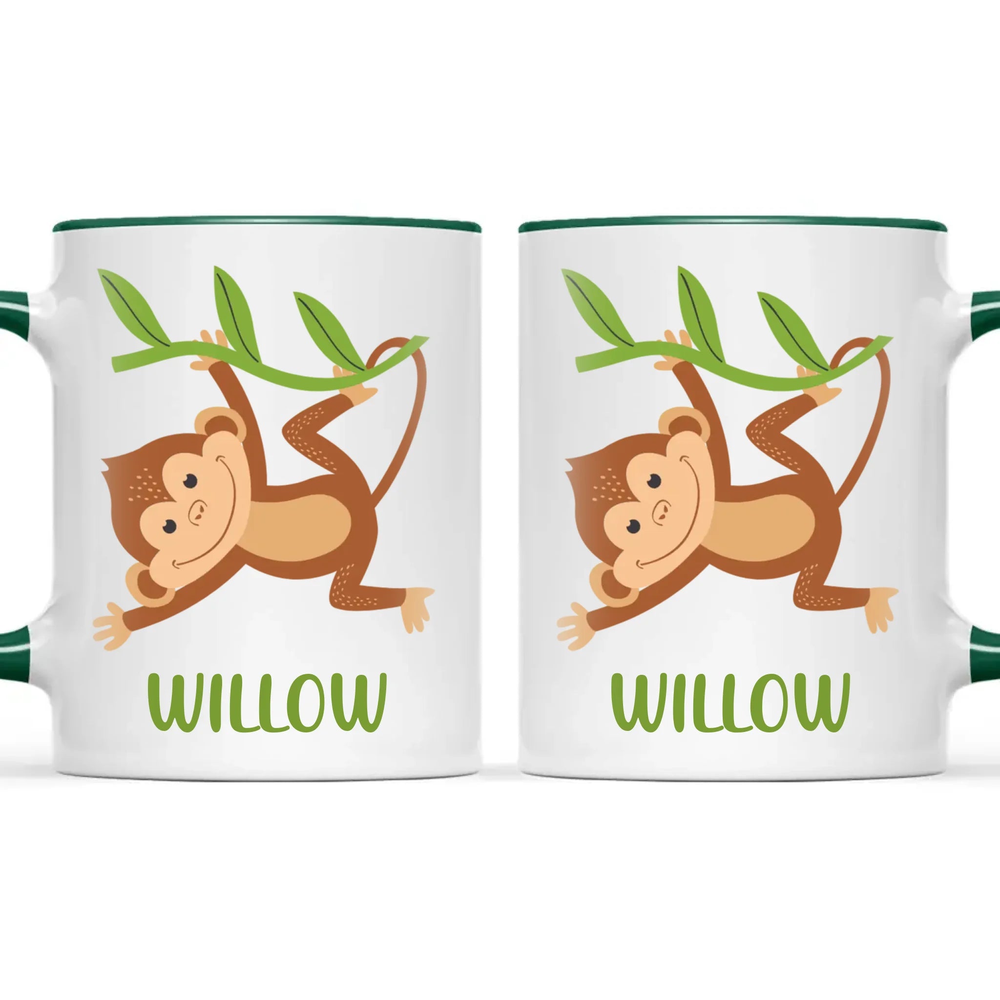 Personalised Swinging Monkey Kids Mug, dark green handle and rim, front and back