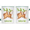 Personalised Swinging Monkey Kids Mug, dark green handle and rim, front and back