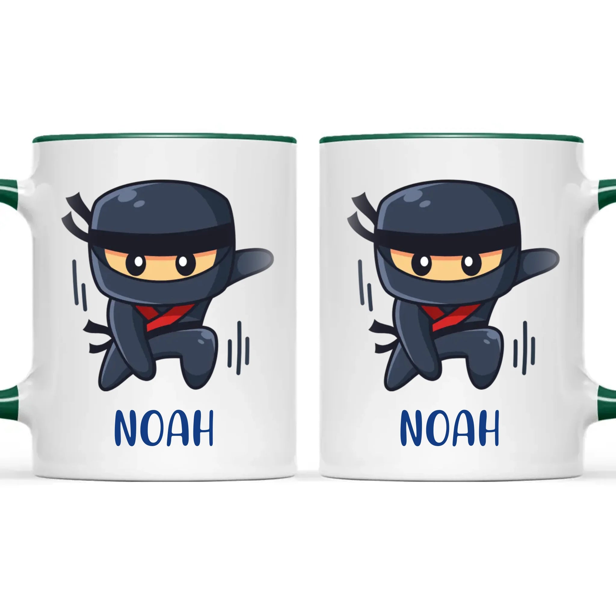 Personalised Ninja Kids Mug, dark green handle and rim, front and back