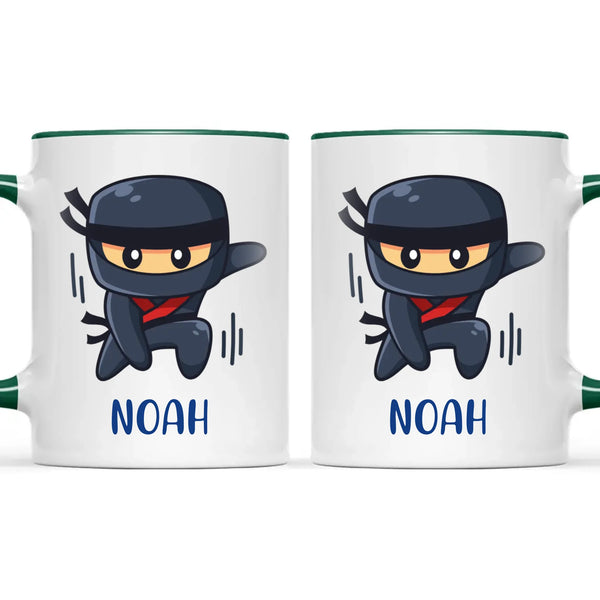 Personalised Ninja Kids Mug, dark green handle and rim, front and back
