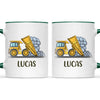 Personalised Dump Truck Kids Mug, dark green handle and rim, front and back