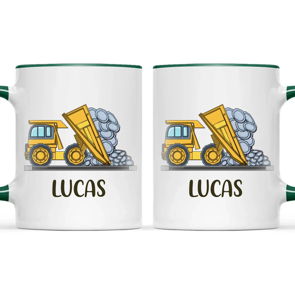 Personalised Dump Truck Kids Mug, dark green handle and rim, front and back