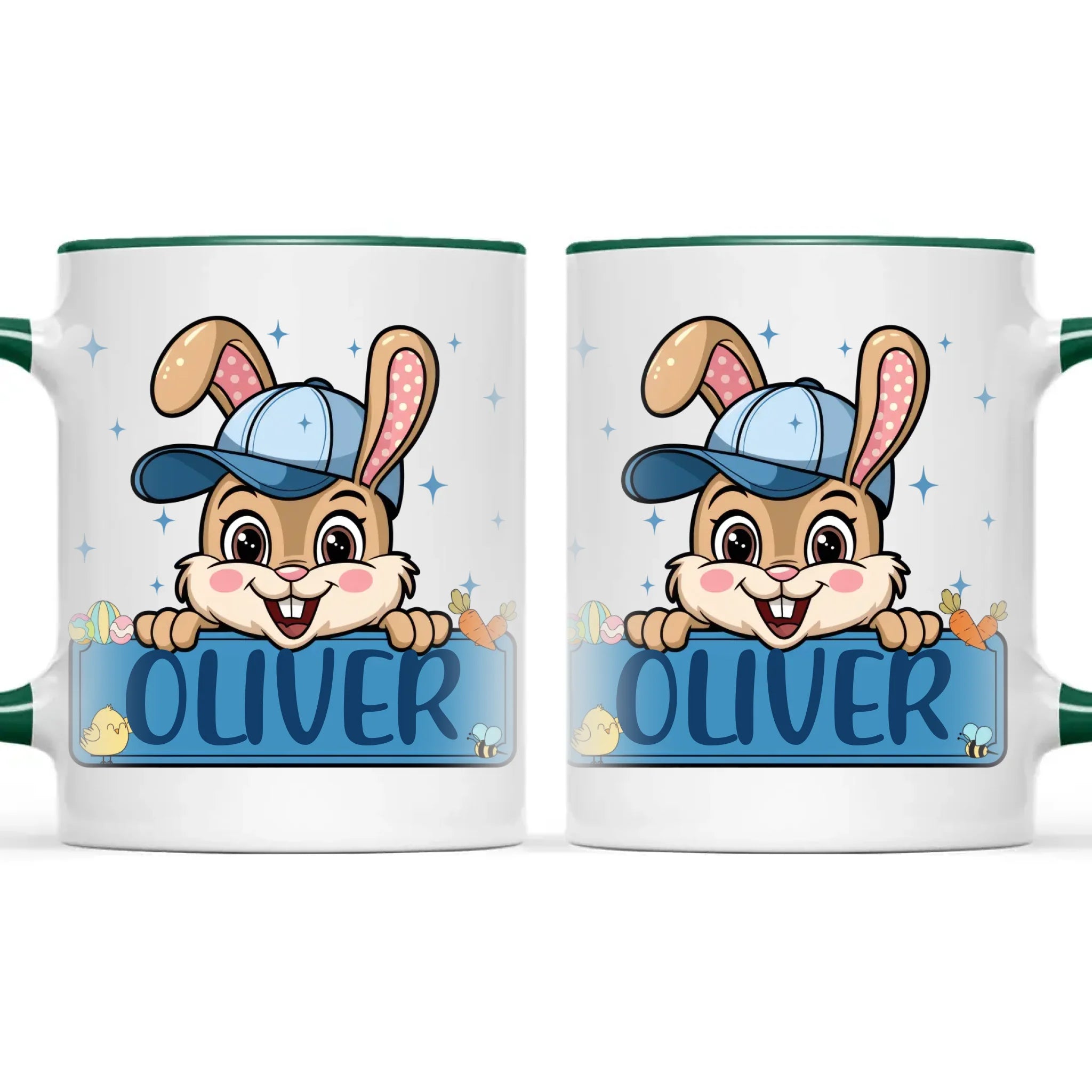 Personalised Bunny Mug for Boys – Custom Name Easter Gift – Cute Bunny with Blue Cap, Eggs & Carrots – Enamel or Ceramic Cup – NZ Made