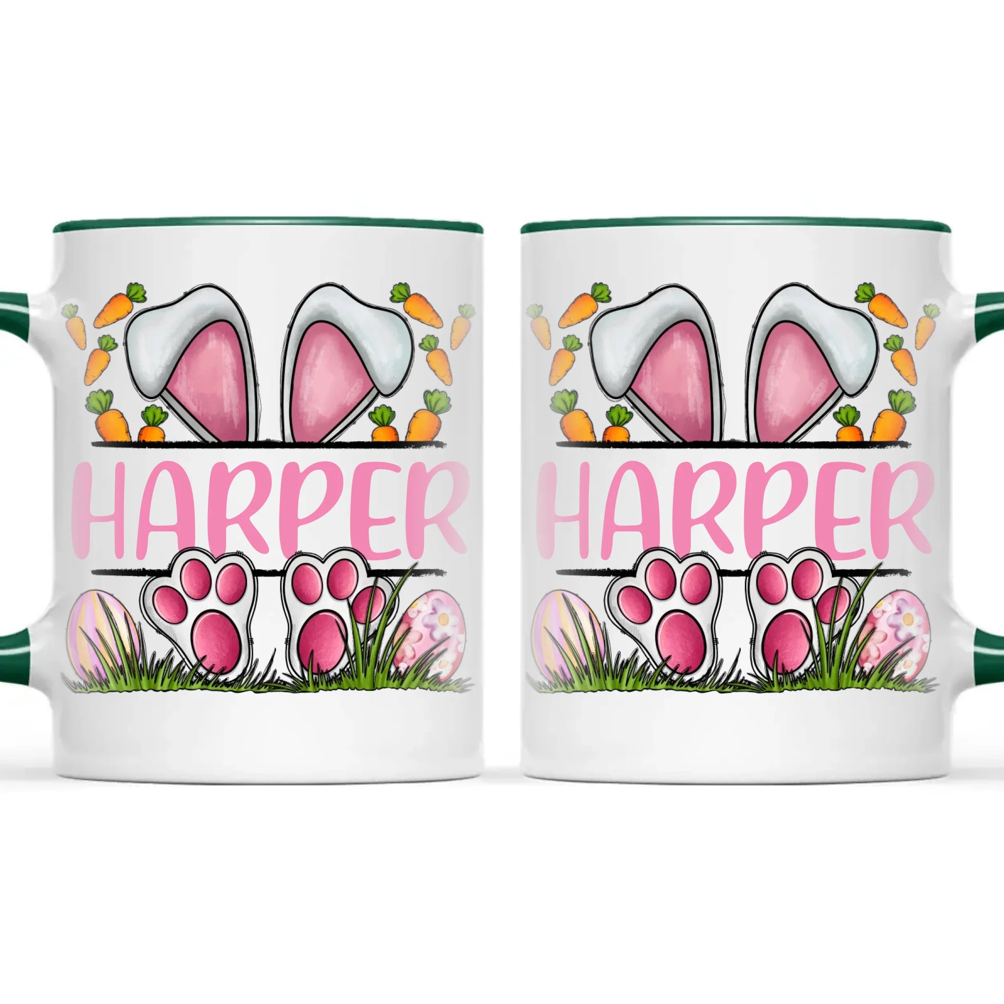 Personalised Easter Bunny Mug – Custom Name Kids Cup with Cute Pink Bunny Design, Carrots & Eggs – Enamel or Ceramic – NZ Made
