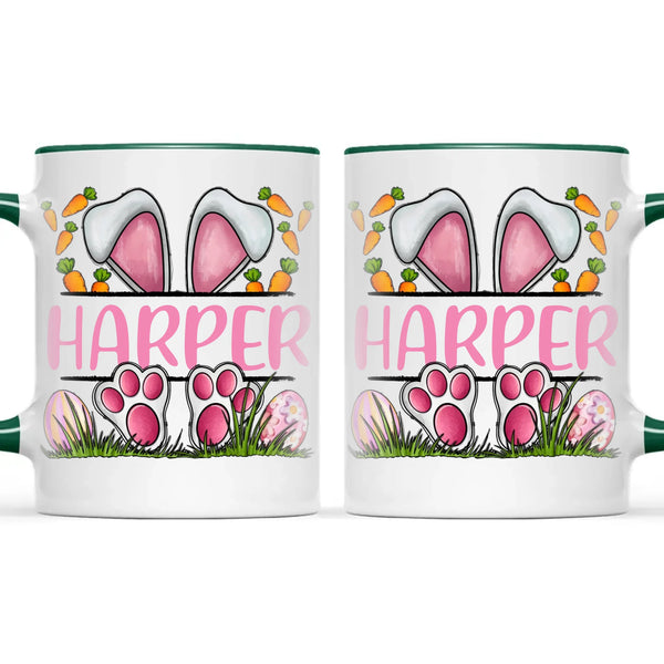 Personalised Easter Bunny Mug – Custom Name Kids Cup with Cute Pink Bunny Design, Carrots & Eggs – Enamel or Ceramic – NZ Made