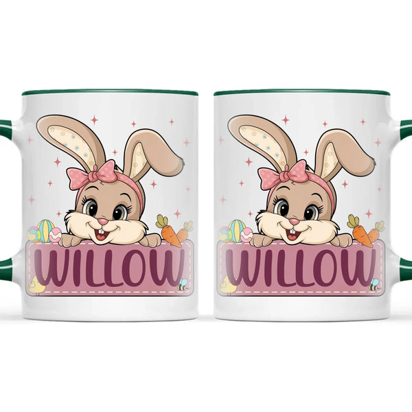 Adorable Personalised Bunny Mug for Kids – Custom Name Easter Gift – Cute Girl Bunny with Carrots & Eggs – Ceramic or Enamel Cup – NZ Made