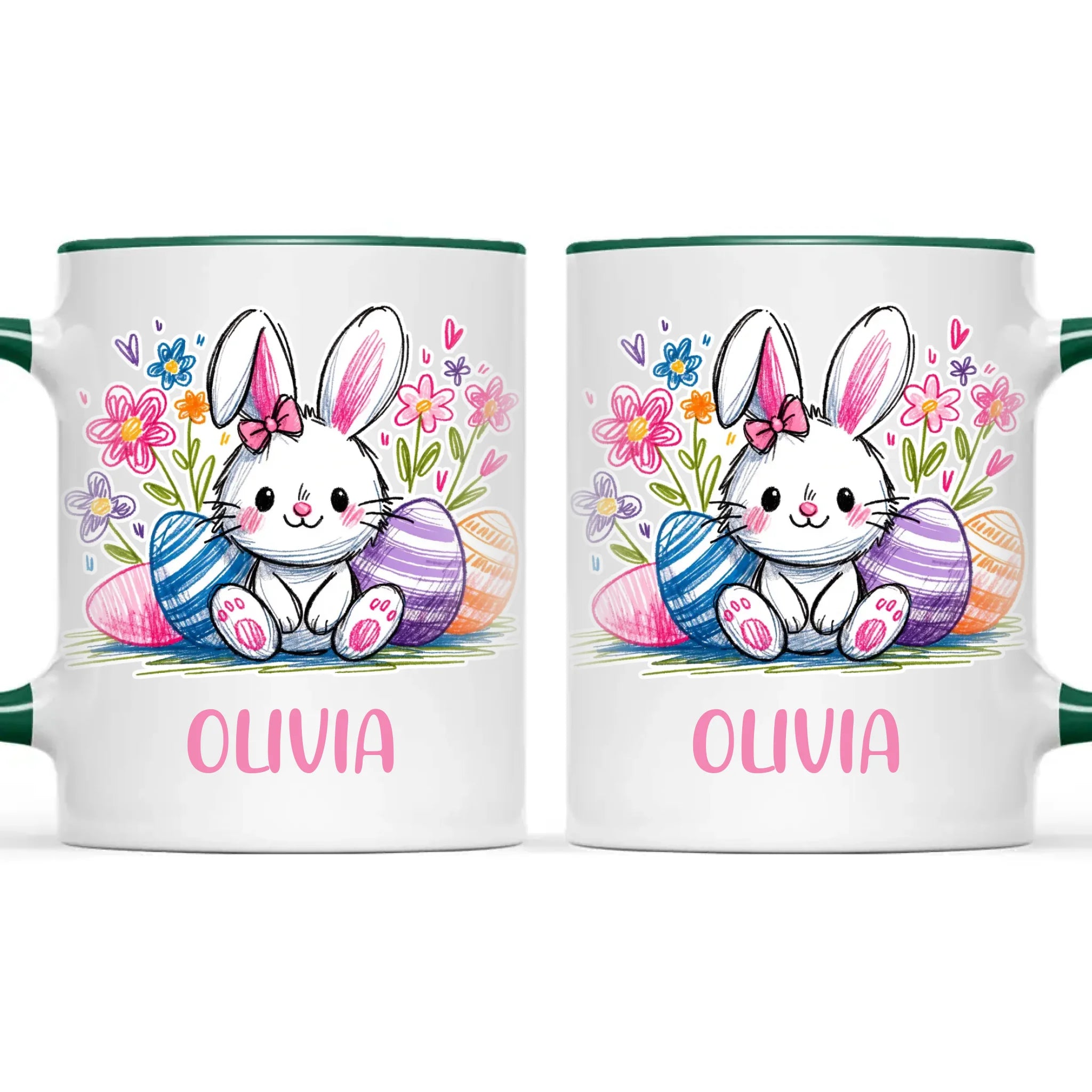 Personalised Easter Bunny Mug – Custom Name Kids Cup with Colourful Eggs & Flowers – Cute Girl Bunny Gift – Ceramic or Enamel – NZ Made