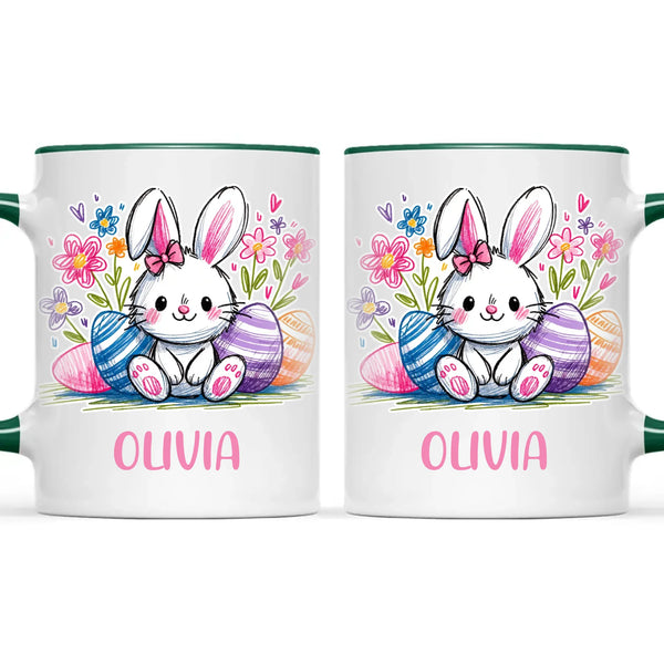 Personalised Easter Bunny Mug – Custom Name Kids Cup with Colourful Eggs & Flowers – Cute Girl Bunny Gift – Ceramic or Enamel – NZ Made