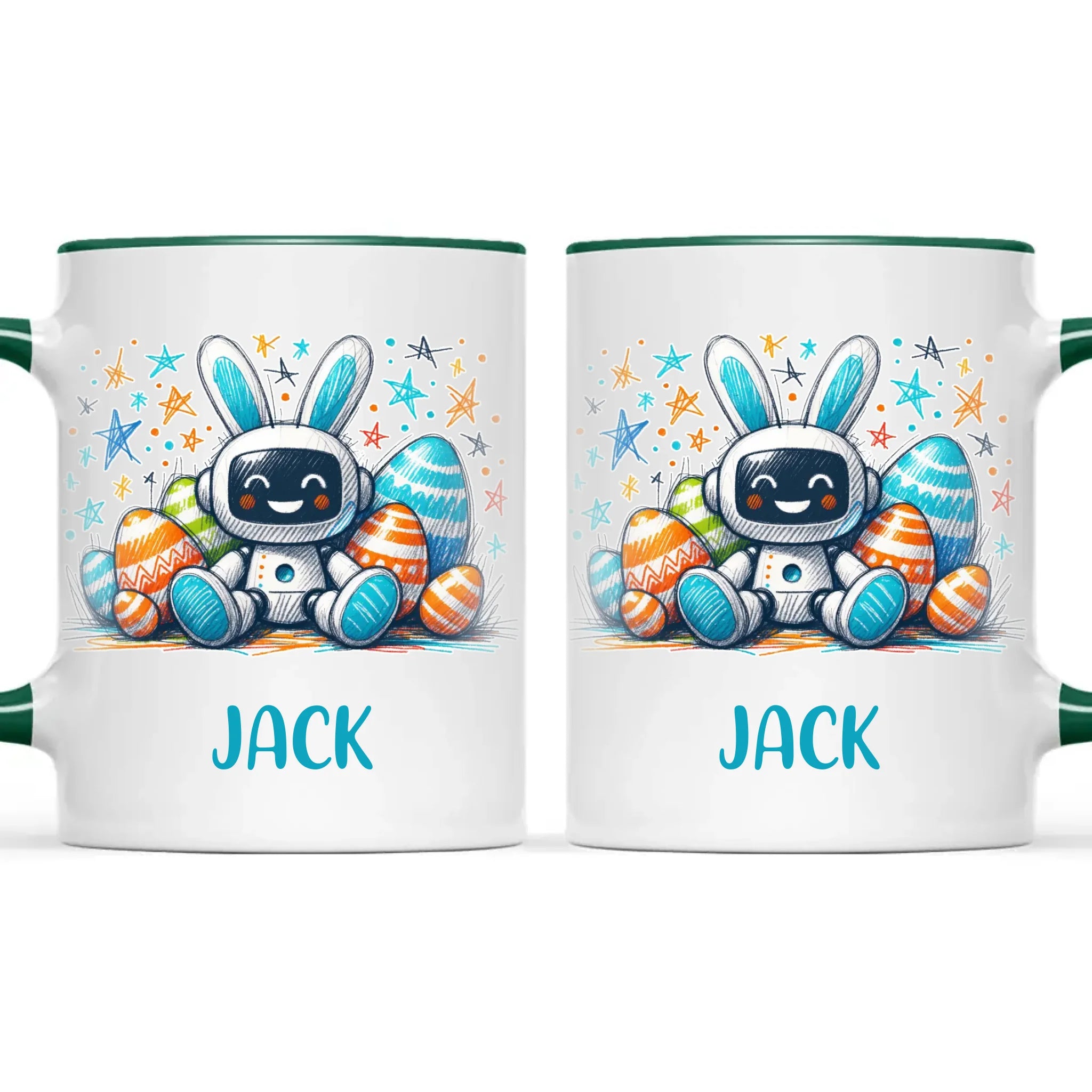 Personalised Easter Robot Bunny Mug – Custom Name Cup for Kids – Cute Sci-Fi Bunny with Eggs & Stars – Ceramic or Enamel – NZ Made
