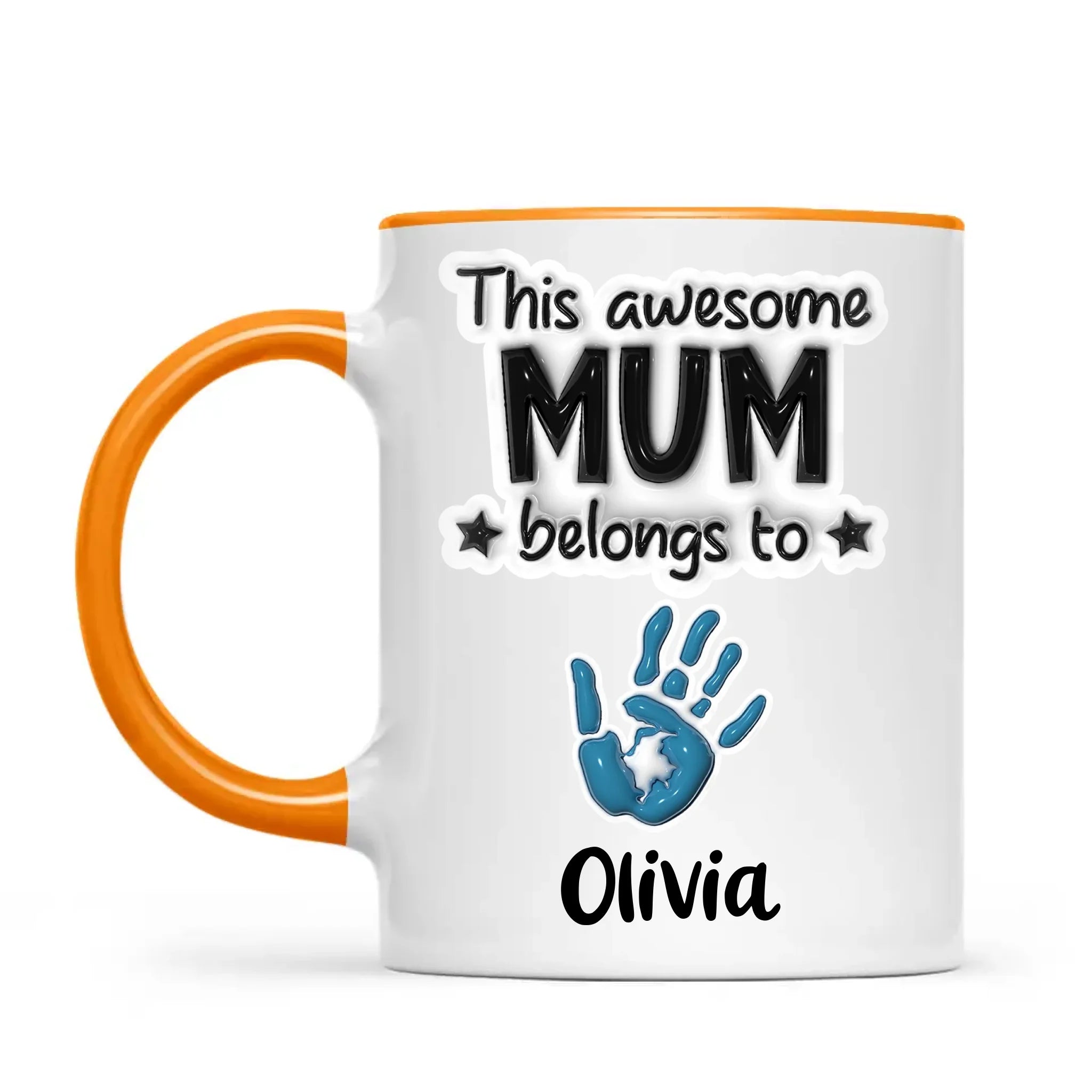 Personalised “This Awesome Mum Belongs To” Mug – Custom Handprints & Kids’ Names with 3D Glossy Print – Mother’s Day Gift for Mum or Mummy