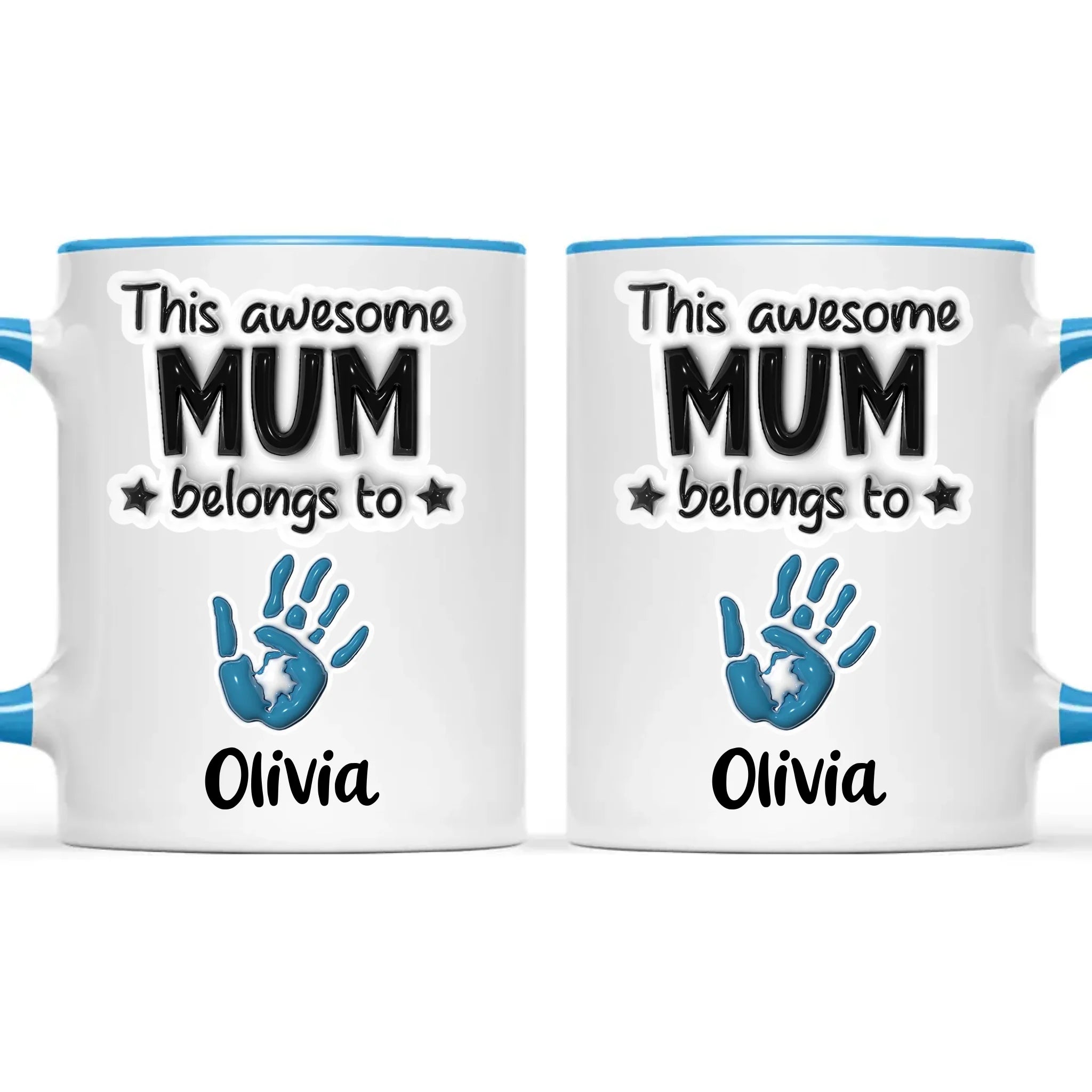 Personalised “This Awesome Mum Belongs To” Mug – Custom Handprints & Kids’ Names with 3D Glossy Print – Mother’s Day Gift for Mum or Mummy