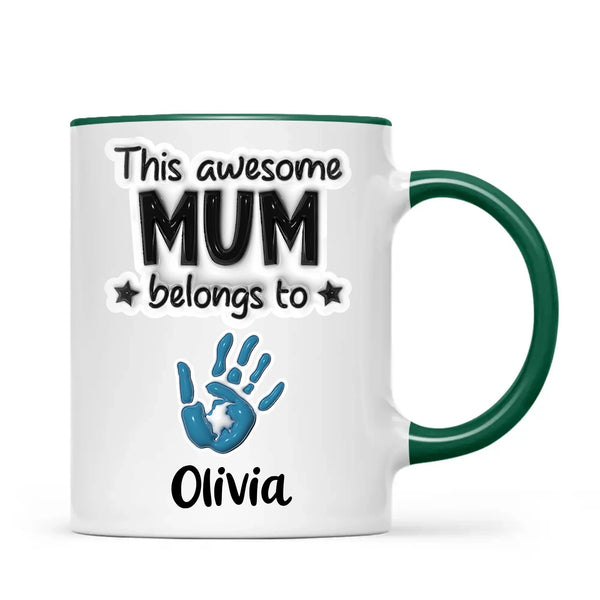 Personalised “This Awesome Mum Belongs To” Mug – Custom Handprints & Kids’ Names with 3D Glossy Print – Mother’s Day Gift for Mum or Mummy