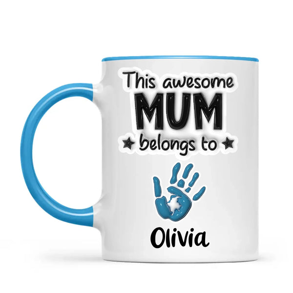 Personalised “This Awesome Mum Belongs To” Mug – Custom Handprints & Kids’ Names with 3D Glossy Print – Mother’s Day Gift for Mum or Mummy