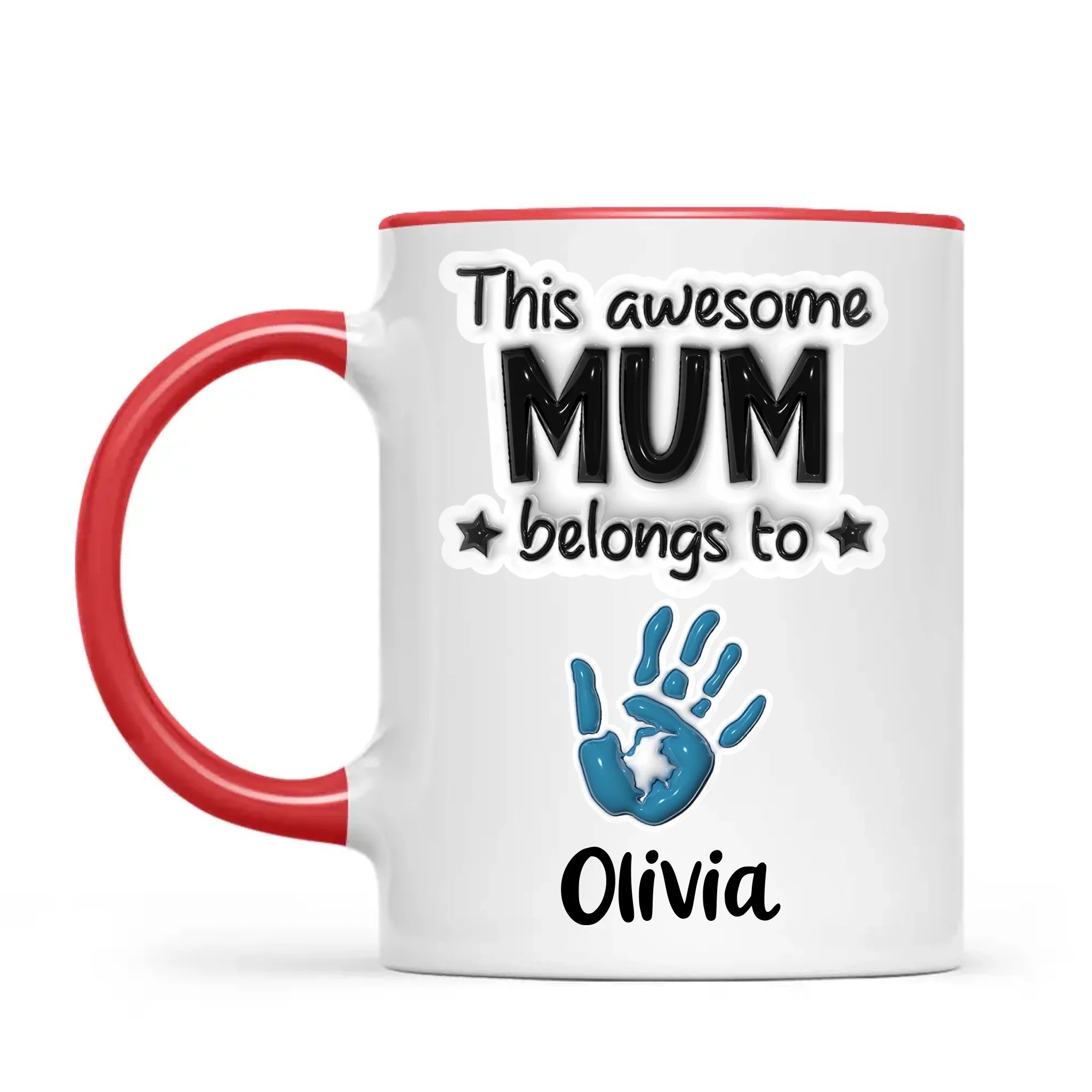 Personalised “This Awesome Mum Belongs To” Mug – Custom Handprints & Kids’ Names with 3D Glossy Print – Mother’s Day Gift for Mum or Mummy
