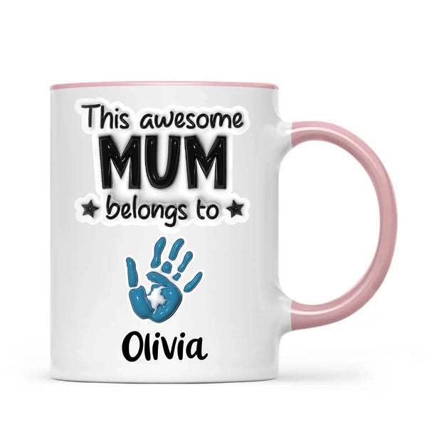 Personalised “This Awesome Mum Belongs To” Mug – Custom Handprints & Kids’ Names with 3D Glossy Print – Mother’s Day Gift for Mum or Mummy