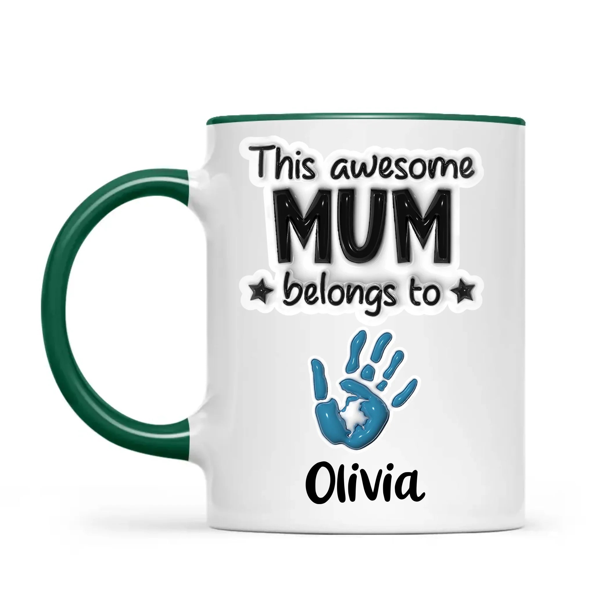 Personalised “This Awesome Mum Belongs To” Mug – Custom Handprints & Kids’ Names with 3D Glossy Print – Mother’s Day Gift for Mum or Mummy