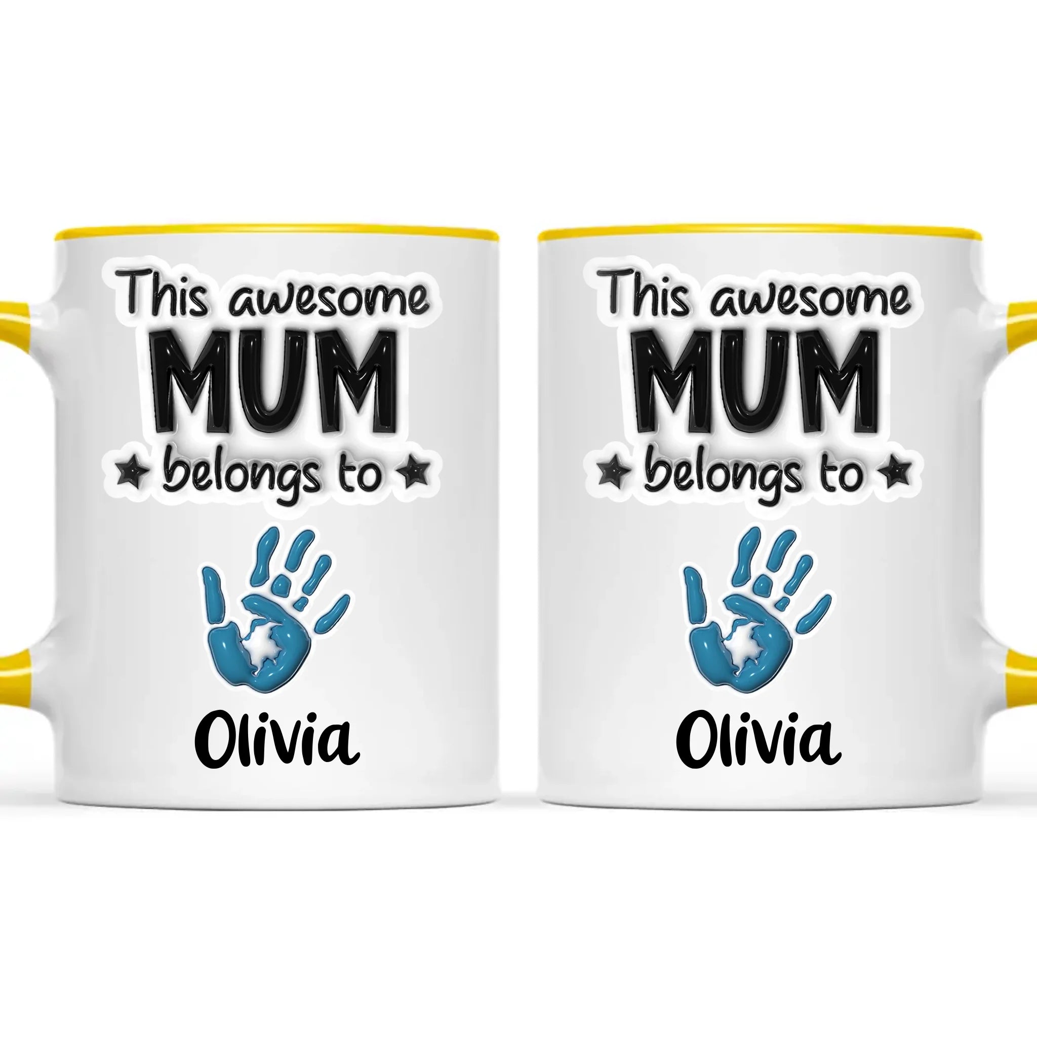 Personalised “This Awesome Mum Belongs To” Mug – Custom Handprints & Kids’ Names with 3D Glossy Print – Mother’s Day Gift for Mum or Mummy