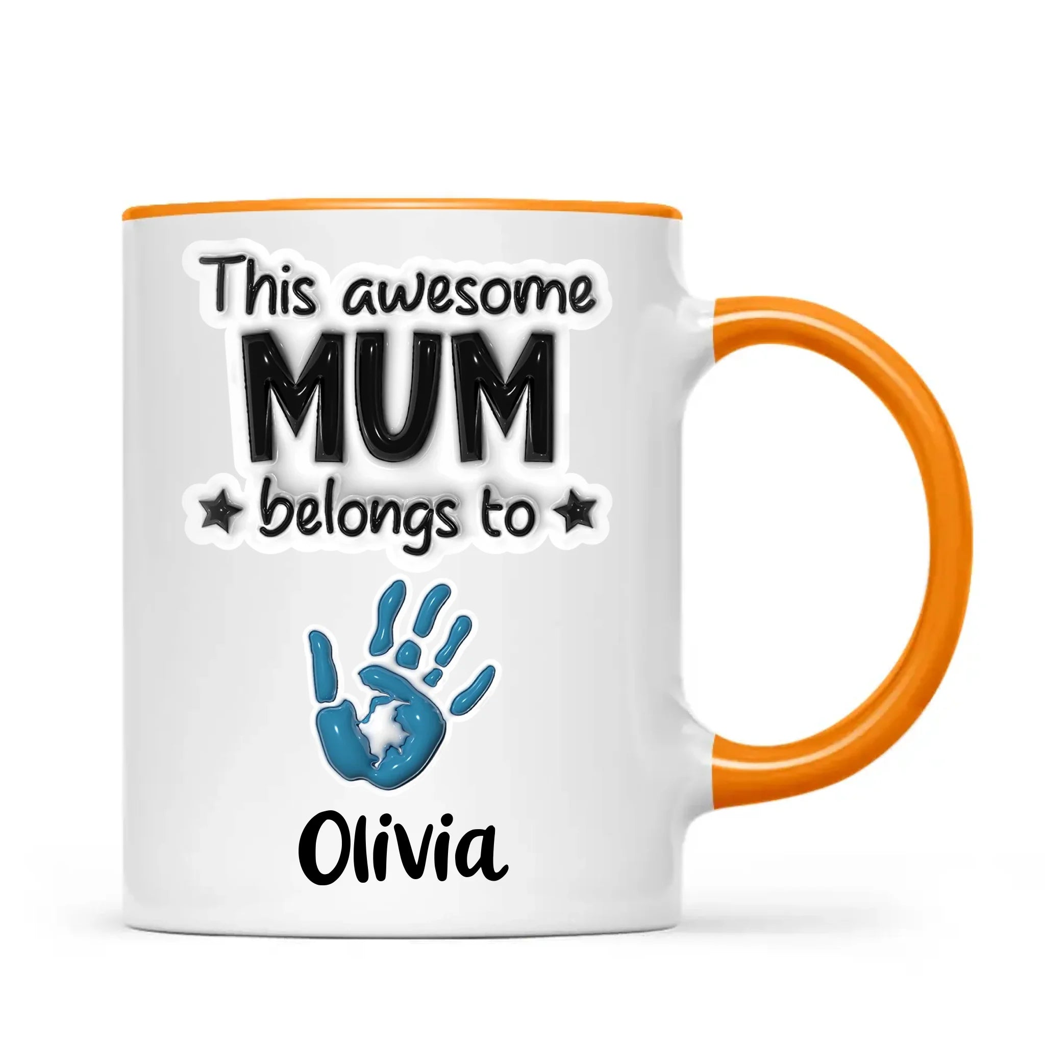 Personalised “This Awesome Mum Belongs To” Mug – Custom Handprints & Kids’ Names with 3D Glossy Print – Mother’s Day Gift for Mum or Mummy