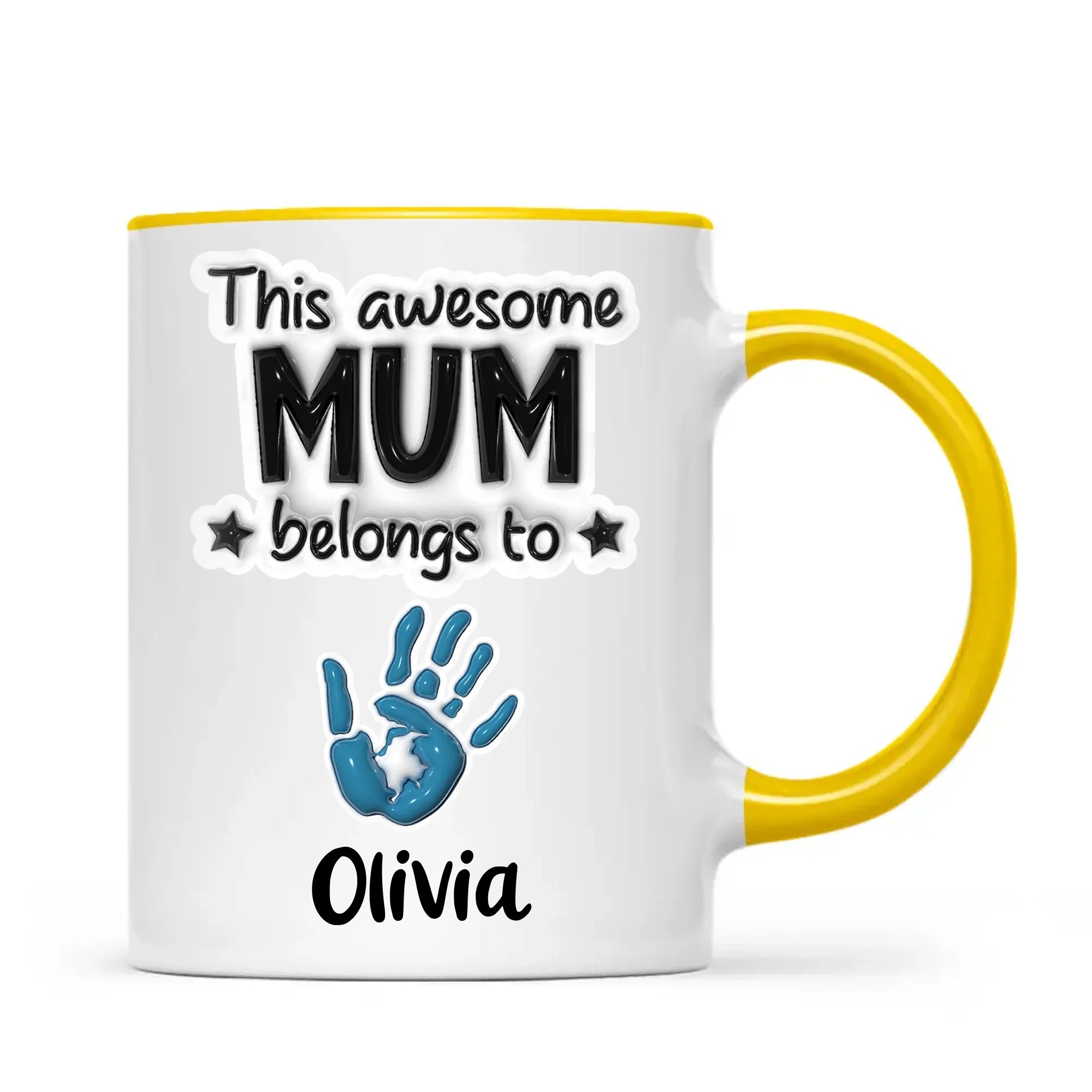 Personalised “This Awesome Mum Belongs To” Mug – Custom Handprints & Kids’ Names with 3D Glossy Print – Mother’s Day Gift for Mum or Mummy
