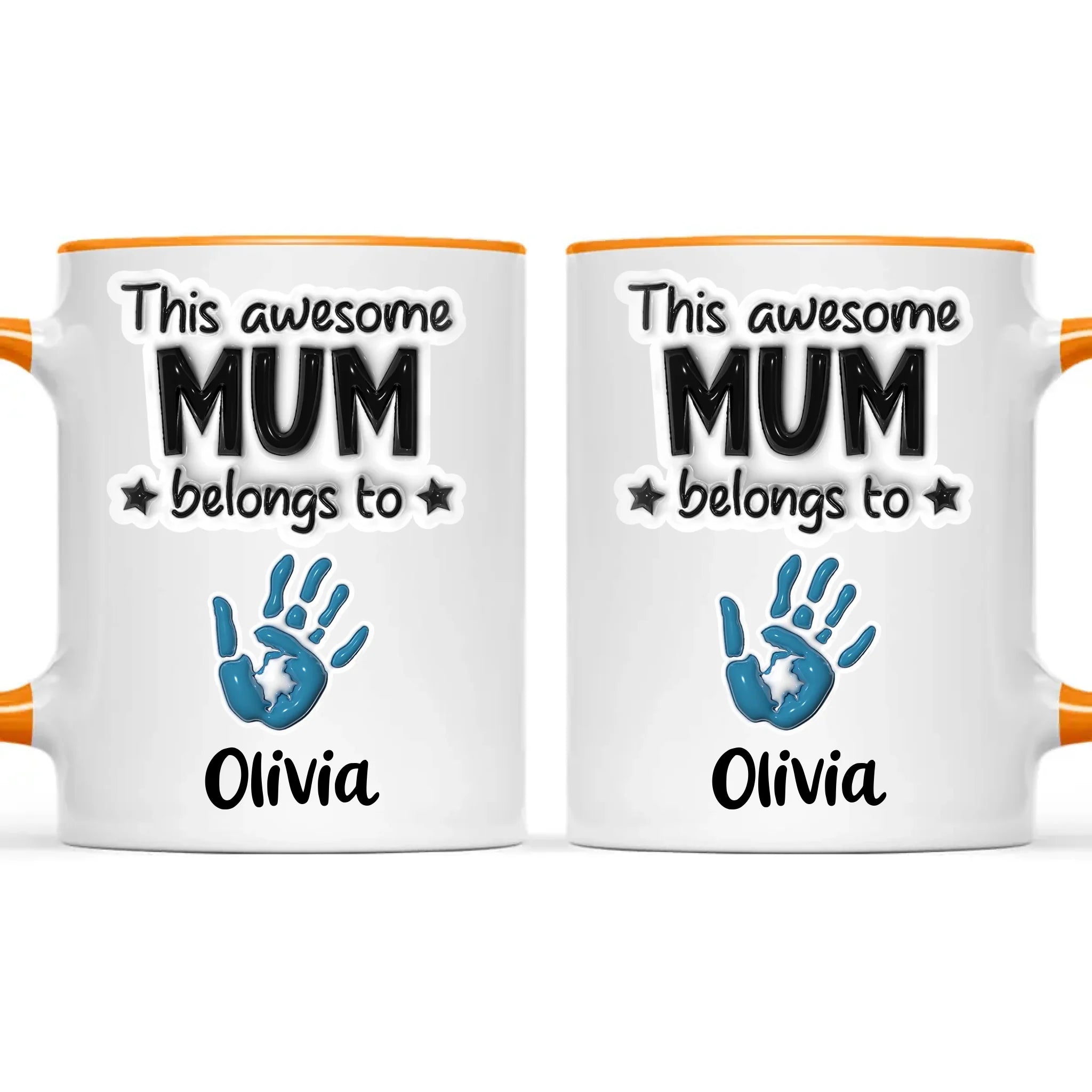 Personalised “This Awesome Mum Belongs To” Mug – Custom Handprints & Kids’ Names with 3D Glossy Print – Mother’s Day Gift for Mum or Mummy