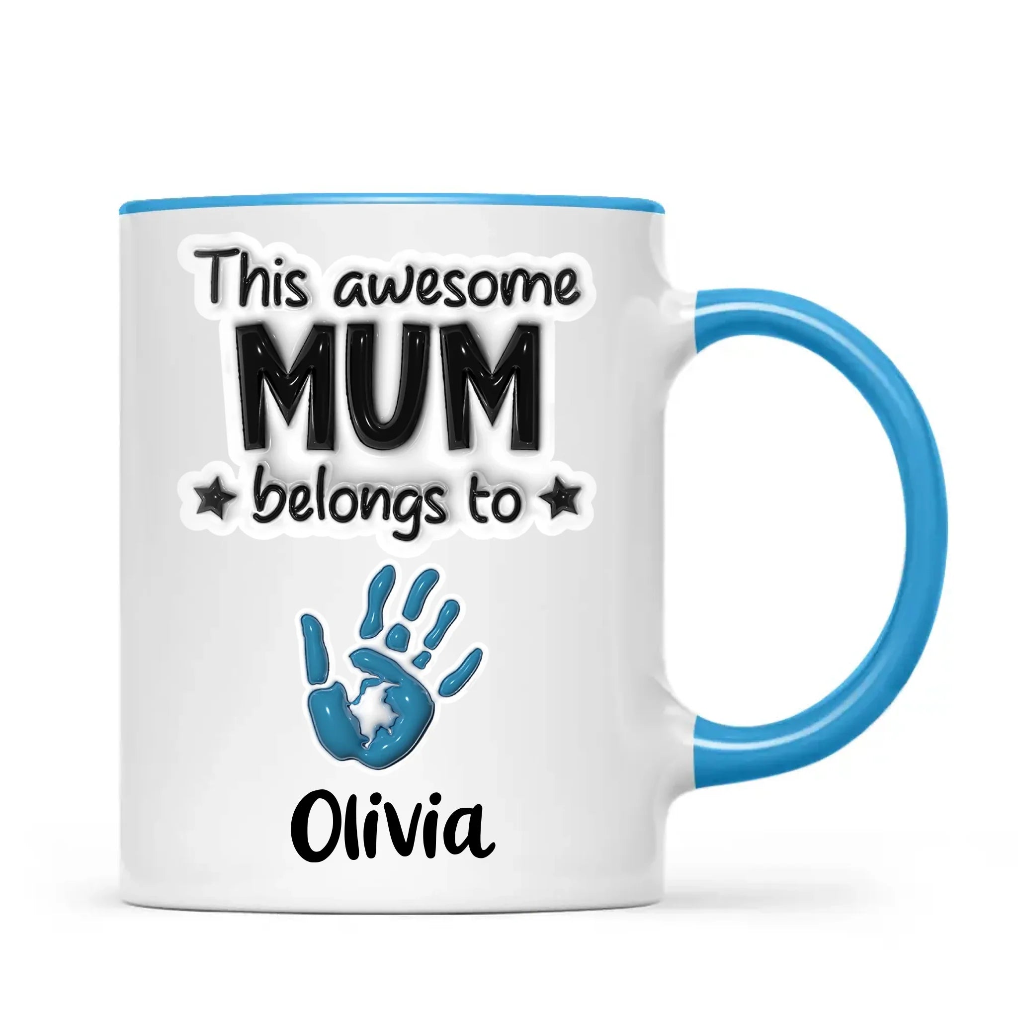 Personalised “This Awesome Mum Belongs To” Mug – Custom Handprints & Kids’ Names with 3D Glossy Print – Mother’s Day Gift for Mum or Mummy