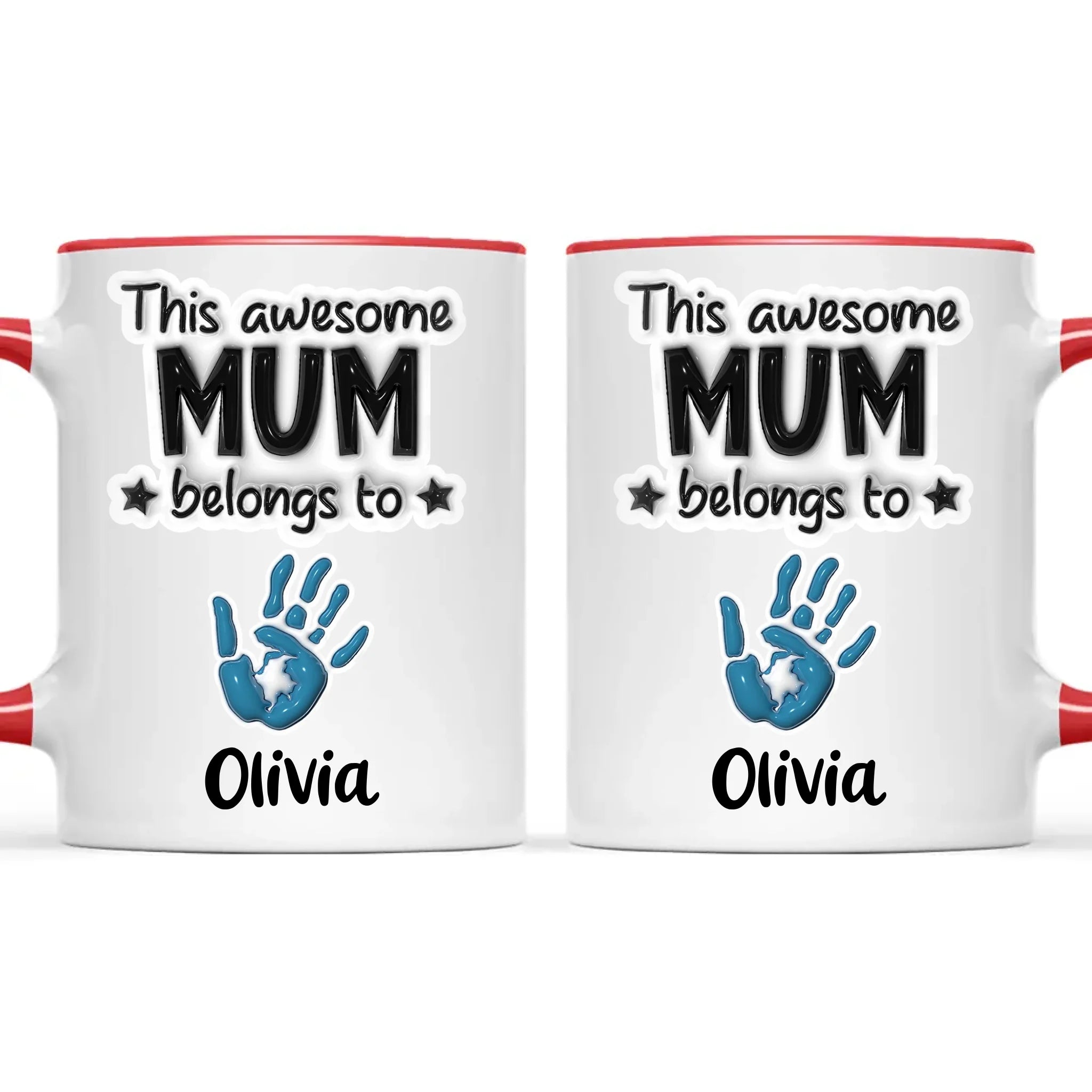 Personalised “This Awesome Mum Belongs To” Mug – Custom Handprints & Kids’ Names with 3D Glossy Print – Mother’s Day Gift for Mum or Mummy