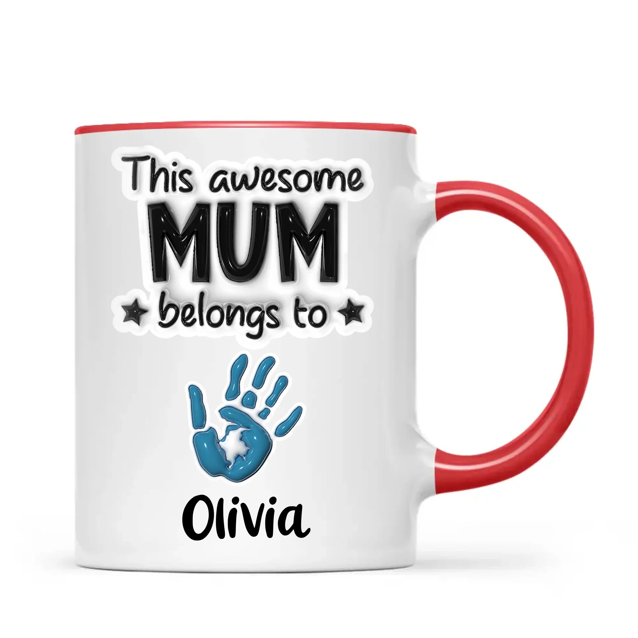 Personalised “This Awesome Mum Belongs To” Mug – Custom Handprints & Kids’ Names with 3D Glossy Print – Mother’s Day Gift for Mum or Mummy