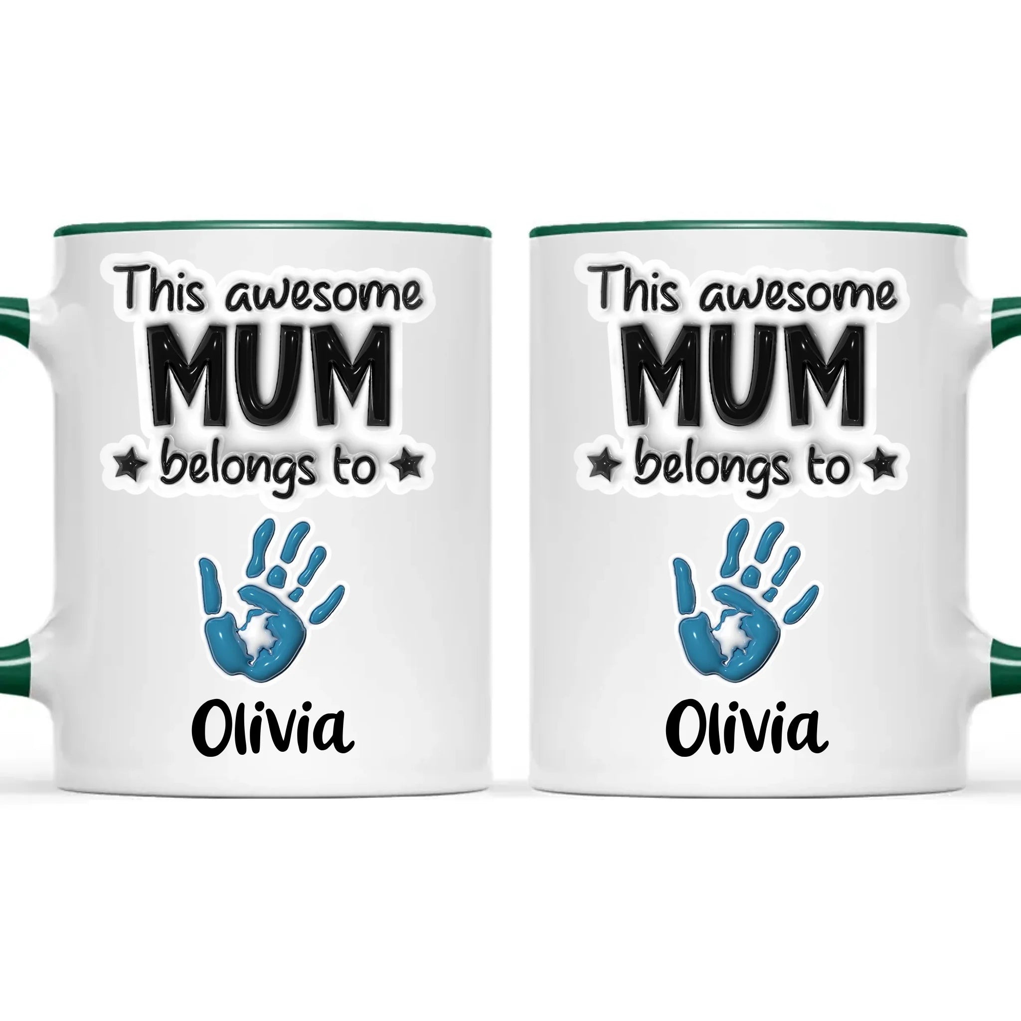 Personalised “This Awesome Mum Belongs To” Mug – Custom Handprints & Kids’ Names with 3D Glossy Print – Mother’s Day Gift for Mum or Mummy