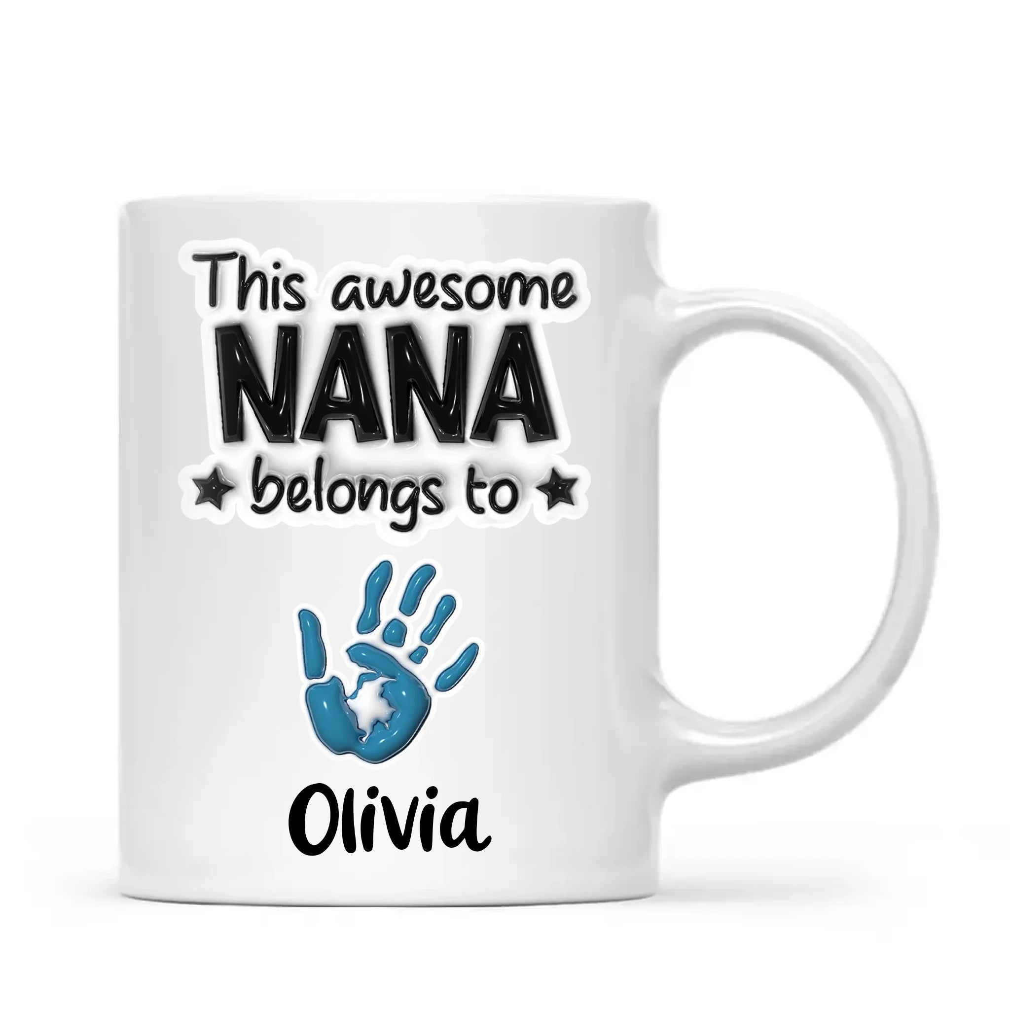 Personalised “This Awesome Nana Belongs To” Mug – 3D-Effect Handprints with Grandkids’ Names – Custom Mother’s Day Gift for Nana, Gran or Grandma