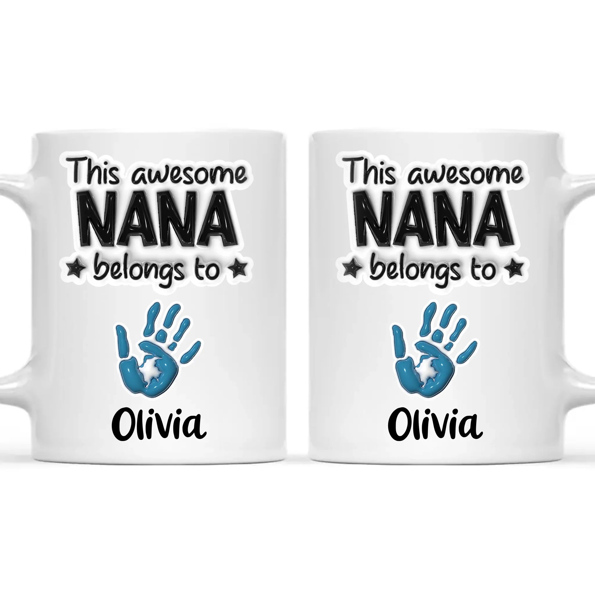 Personalised “This Awesome Nana Belongs To” Mug – 3D-Effect Handprints with Grandkids’ Names – Custom Mother’s Day Gift for Nana, Gran or Grandma