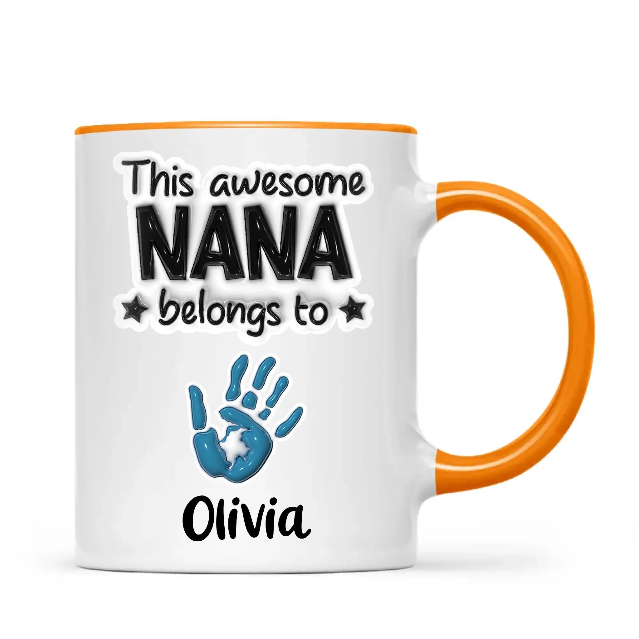 Personalised “This Awesome Nana Belongs To” Mug – 3D-Effect Handprints with Grandkids’ Names – Custom Mother’s Day Gift for Nana, Gran or Grandma