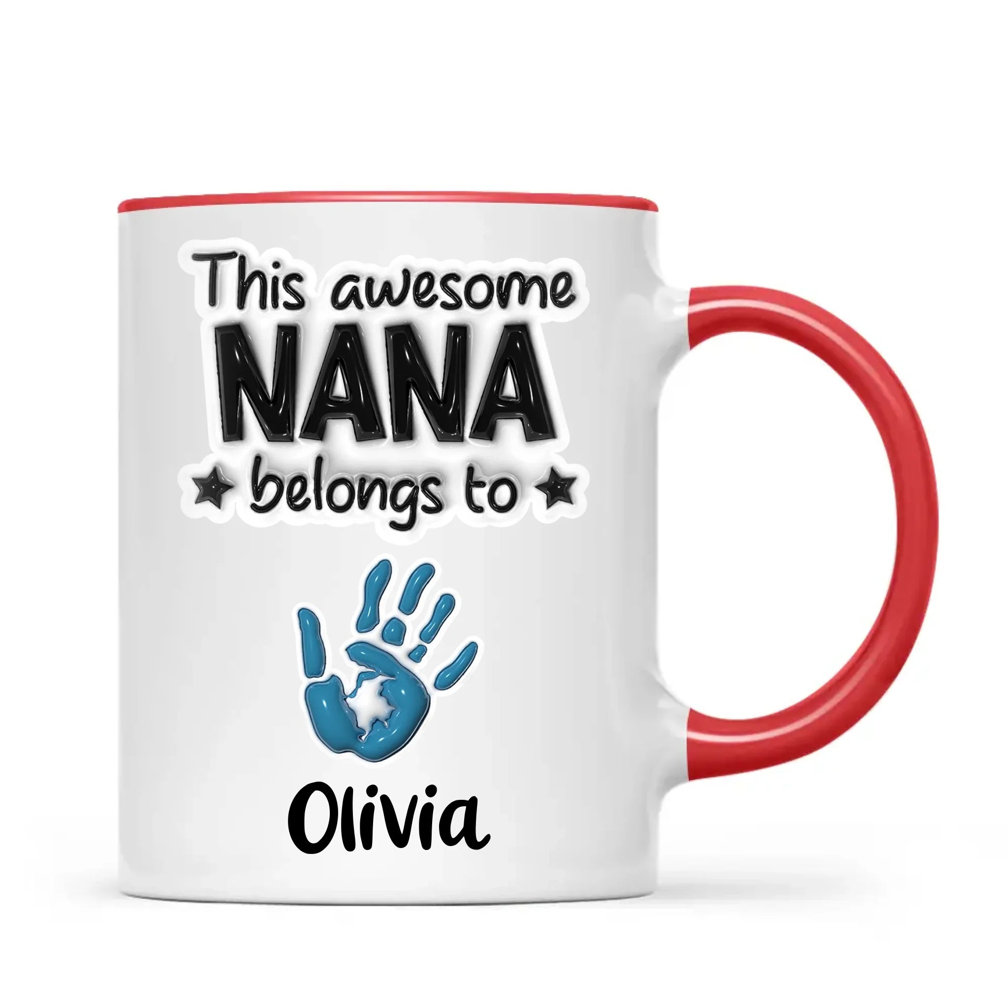 Personalised “This Awesome Nana Belongs To” Mug – 3D-Effect Handprints with Grandkids’ Names – Custom Mother’s Day Gift for Nana, Gran or Grandma