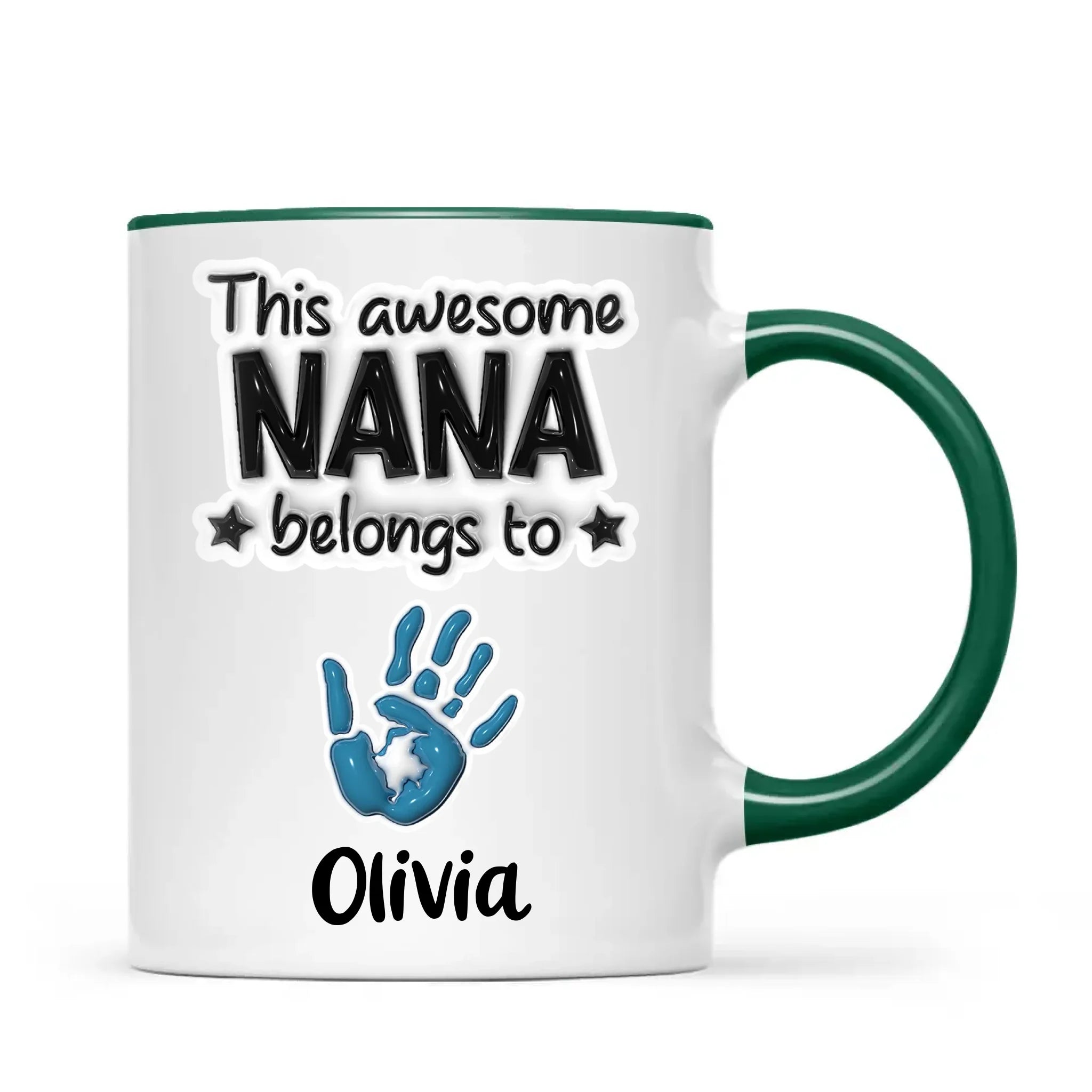 Personalised “This Awesome Nana Belongs To” Mug – 3D-Effect Handprints with Grandkids’ Names – Custom Mother’s Day Gift for Nana, Gran or Grandma